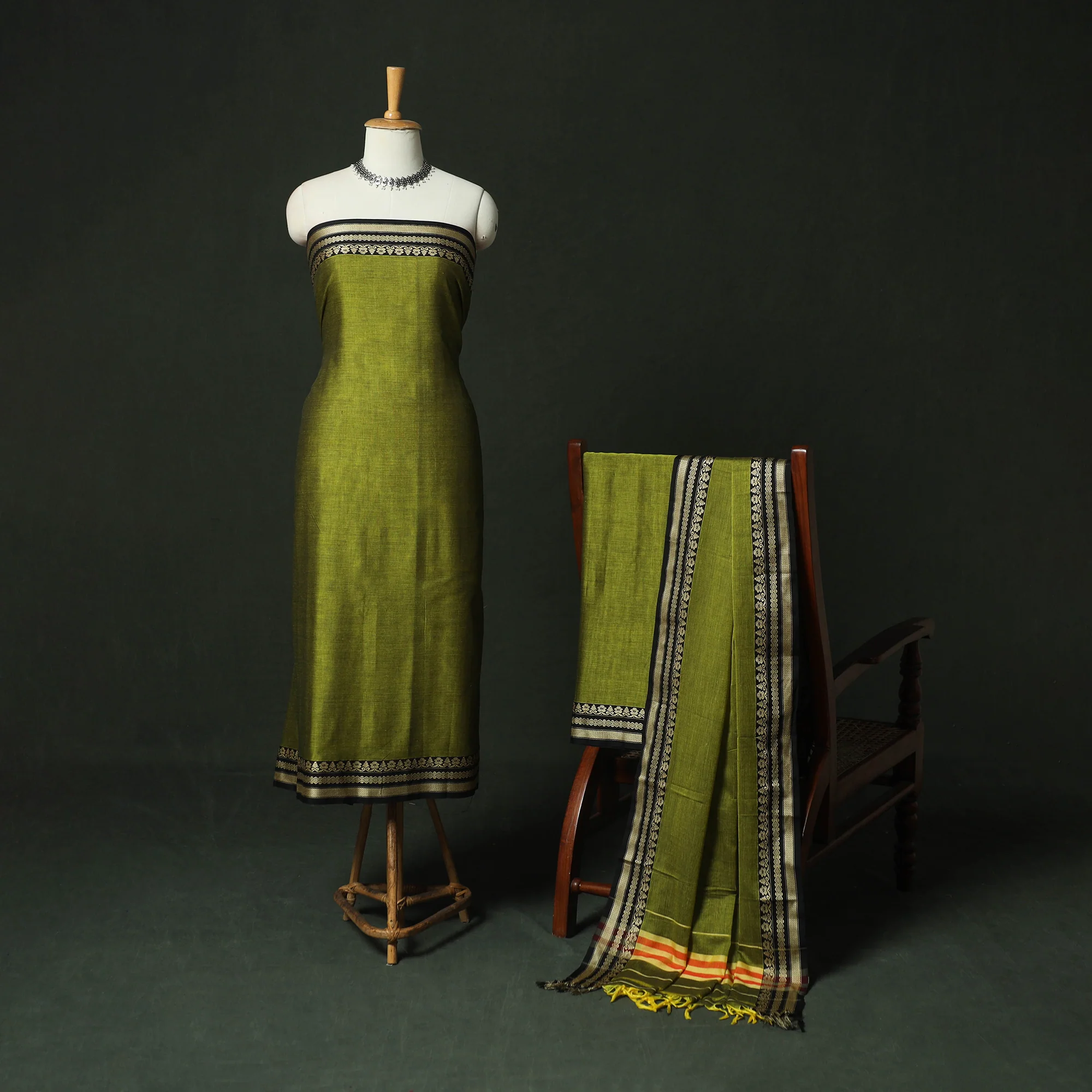Green - Dharwad Woven Mercerised Cotton 3pc Unstitched Dress Material Suit Set 05 - Image 2
