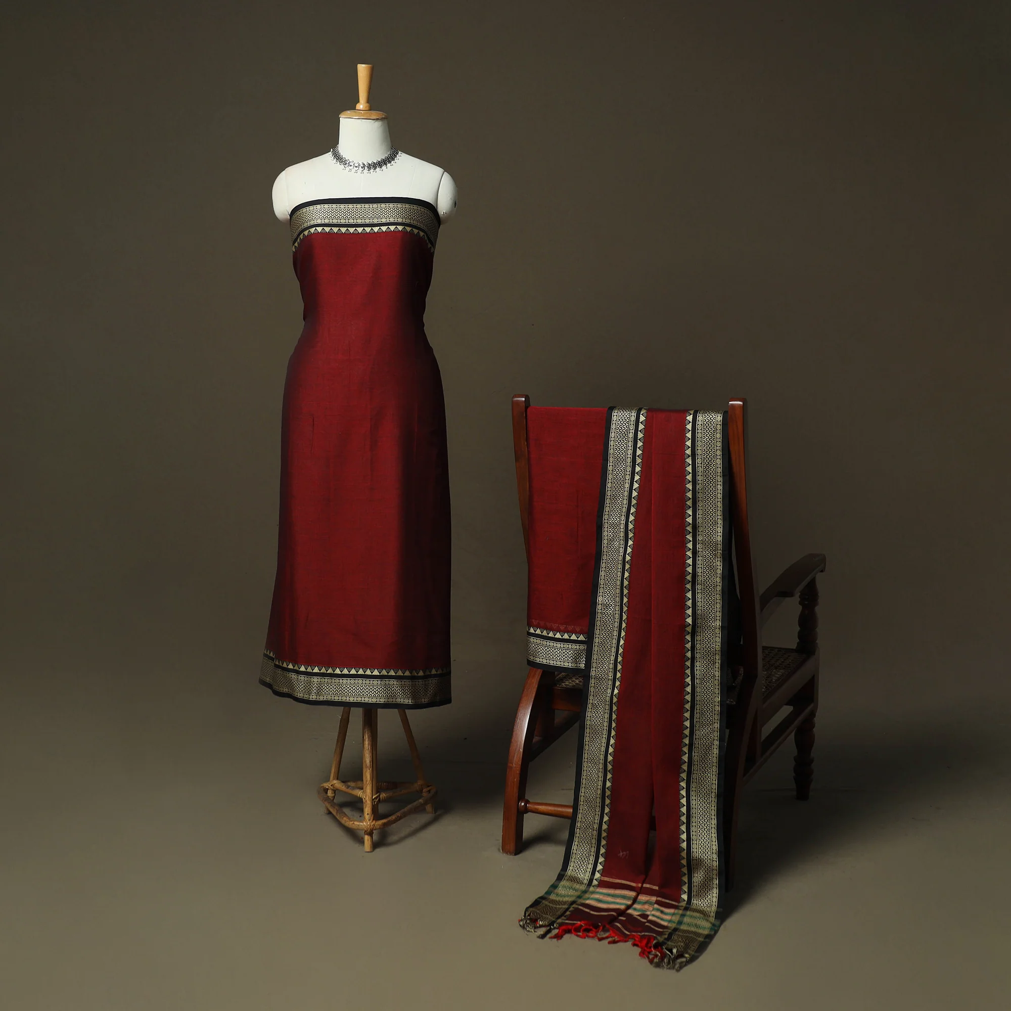 Maroon - Dharwad Woven Mercerised Cotton 3pc Unstitched Dress Material Suit Set 05 - Image 2