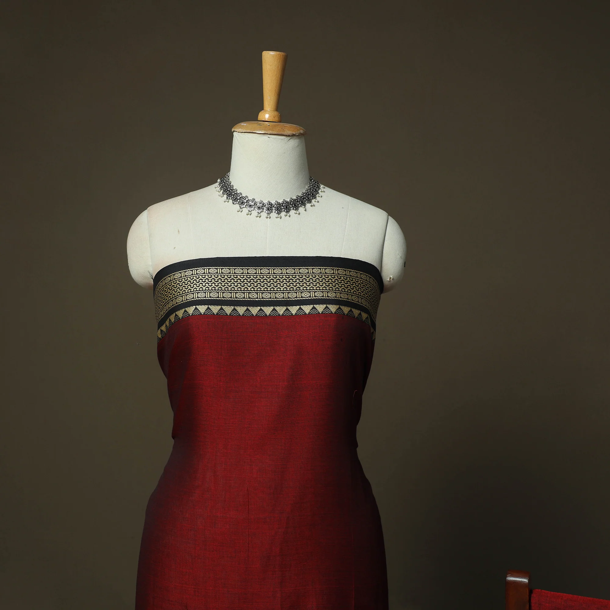 Maroon - Dharwad Woven Mercerised Cotton 3pc Unstitched Dress Material Suit Set 05 - Image 3