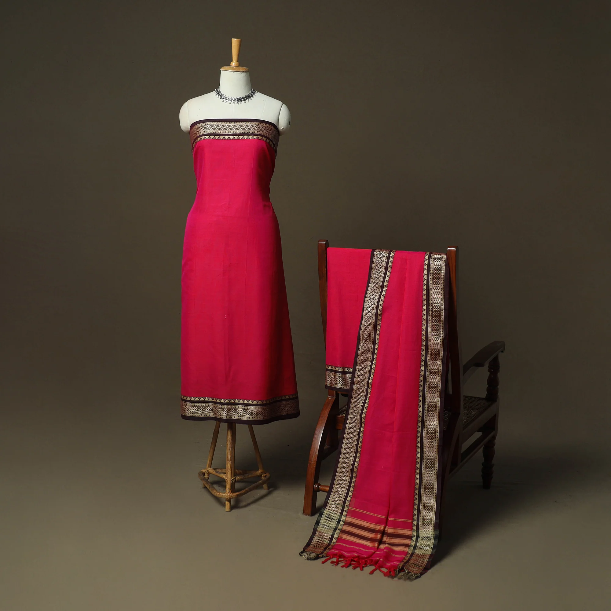 Red - Dharwad Woven Mercerised Cotton 3pc Unstitched Dress Material Suit Set 06 - Image 2