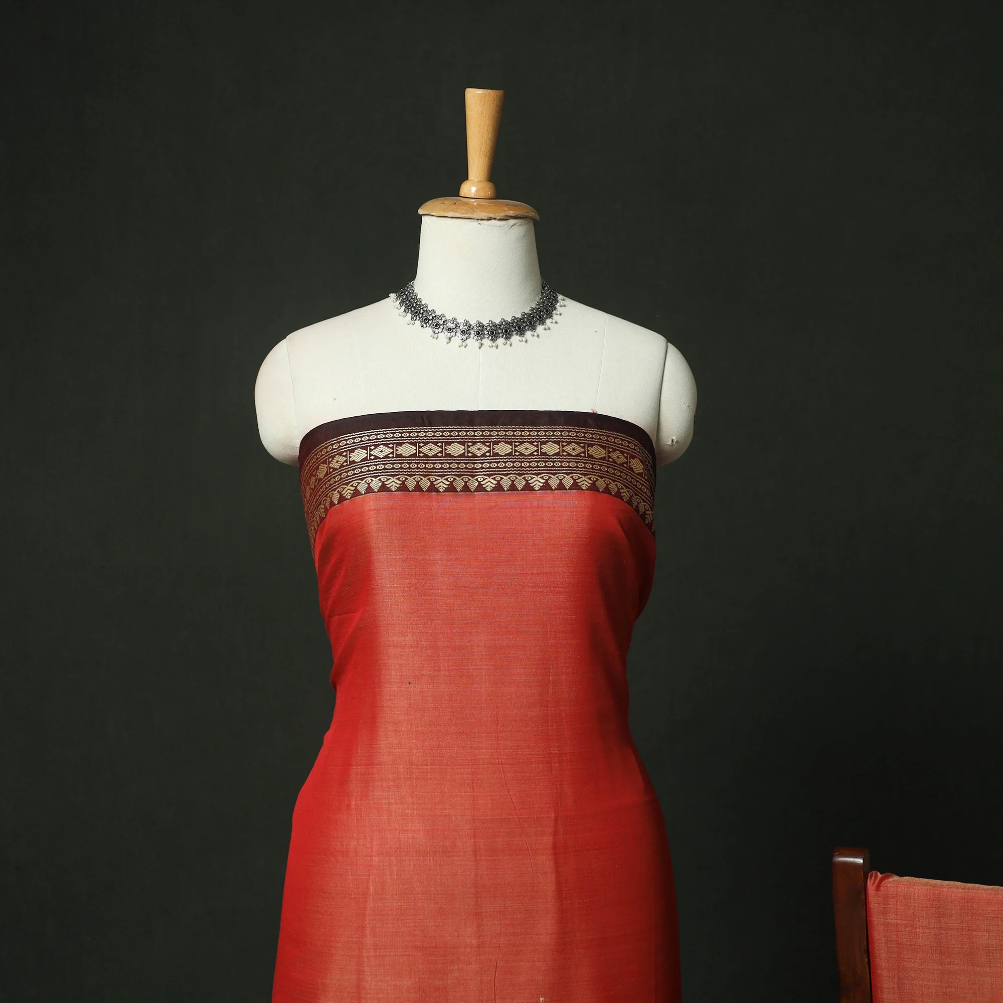 Red - Dharwad Woven Mercerised Cotton 3pc Unstitched Dress Material Suit Set 07 - Image 3