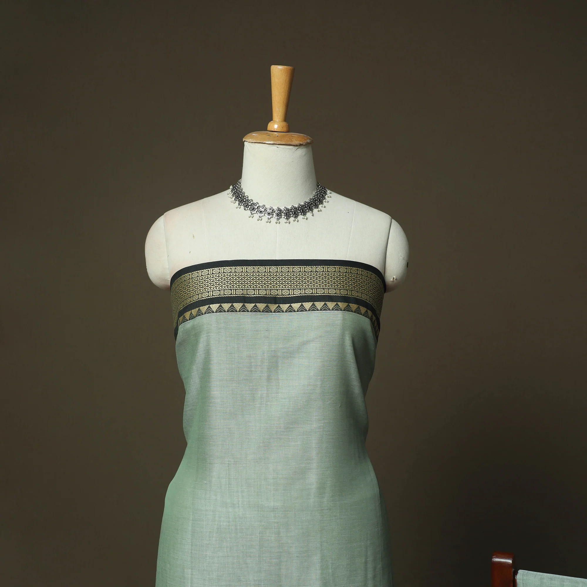 Green - Dharwad Woven Mercerised Cotton 3pc Unstitched Dress Material Suit Set 07 - Image 3