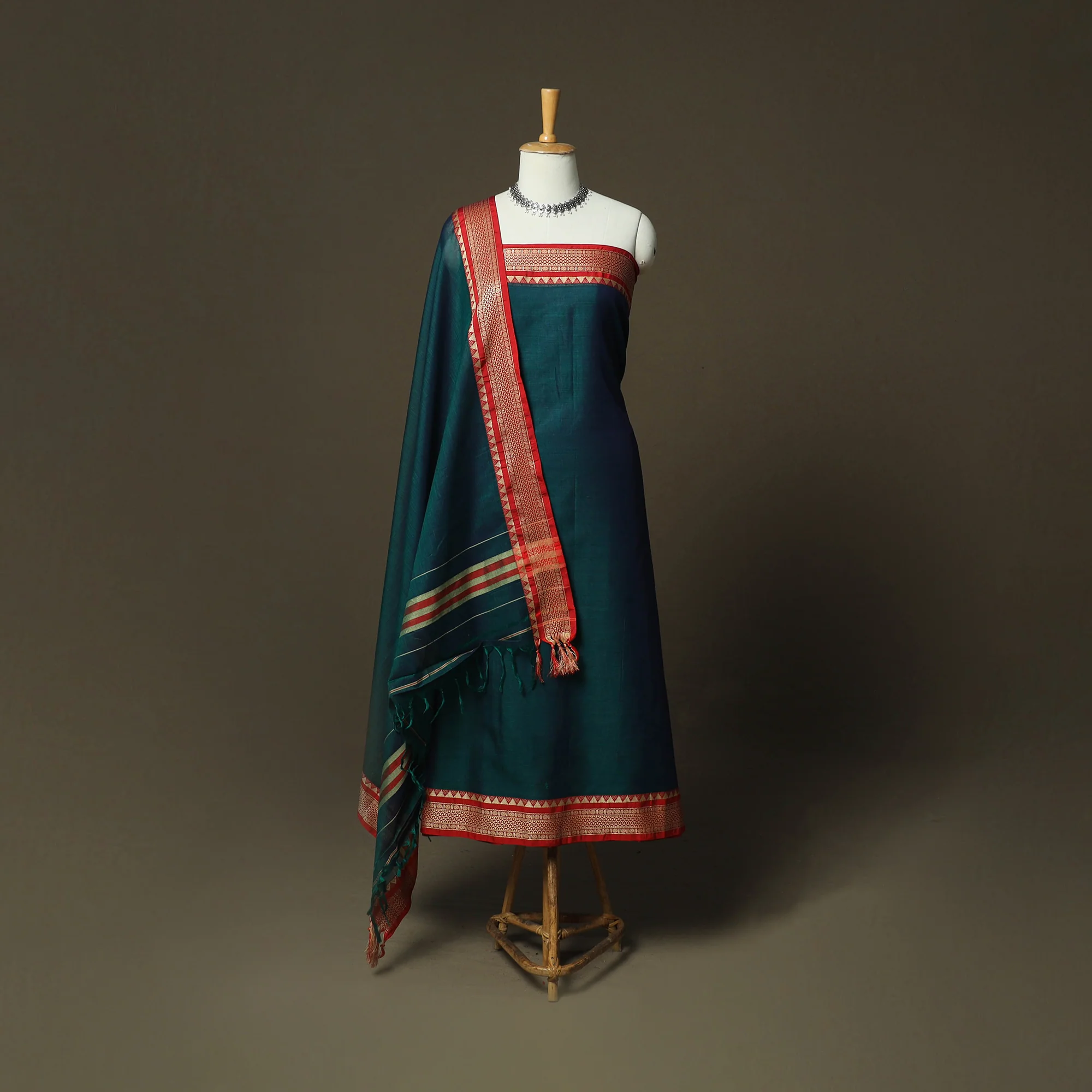 Green - Dharwad Woven Mercerised Cotton 3pc Unstitched Dress Material Suit Set 08