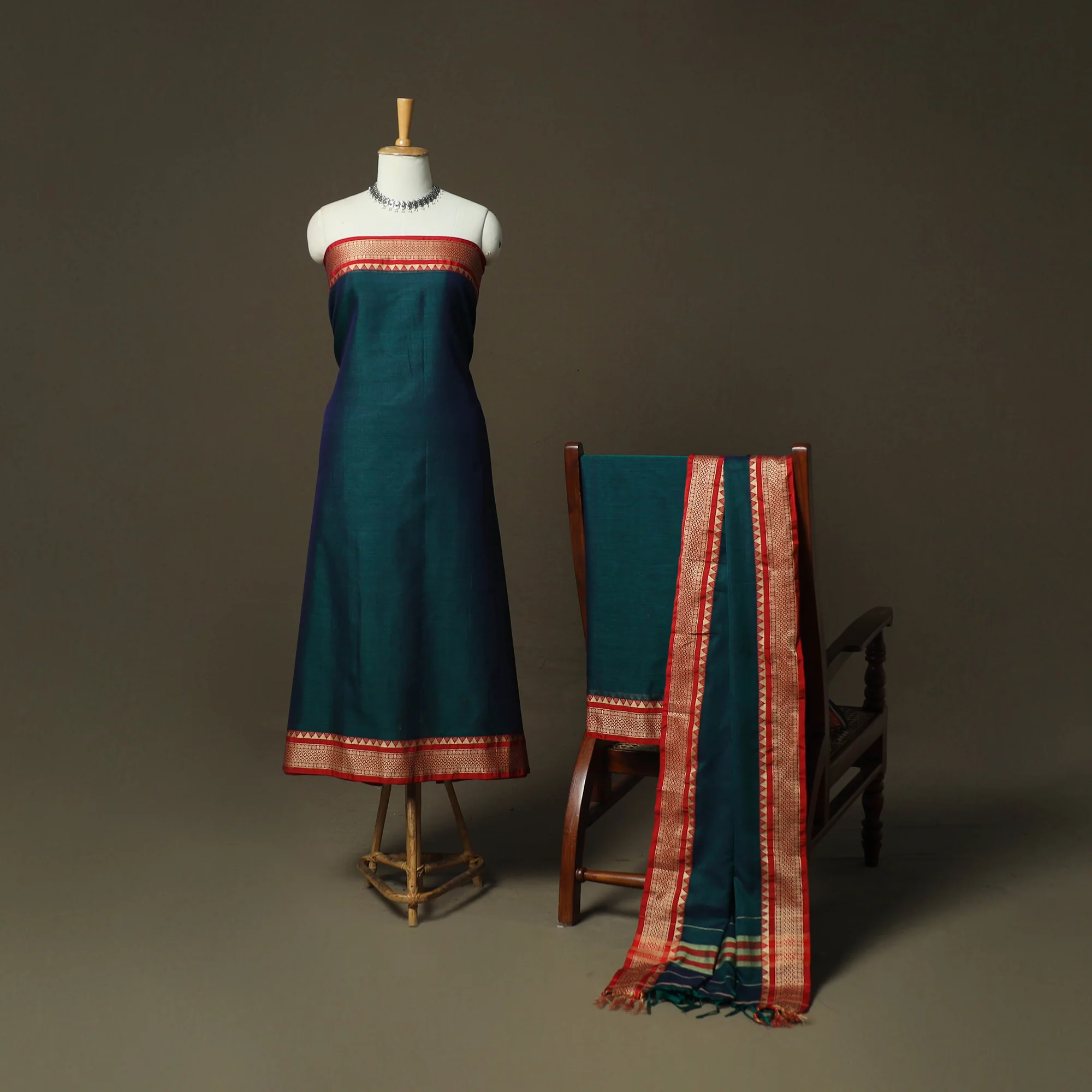 Green - Dharwad Woven Mercerised Cotton 3pc Unstitched Dress Material Suit Set 08 - Image 2
