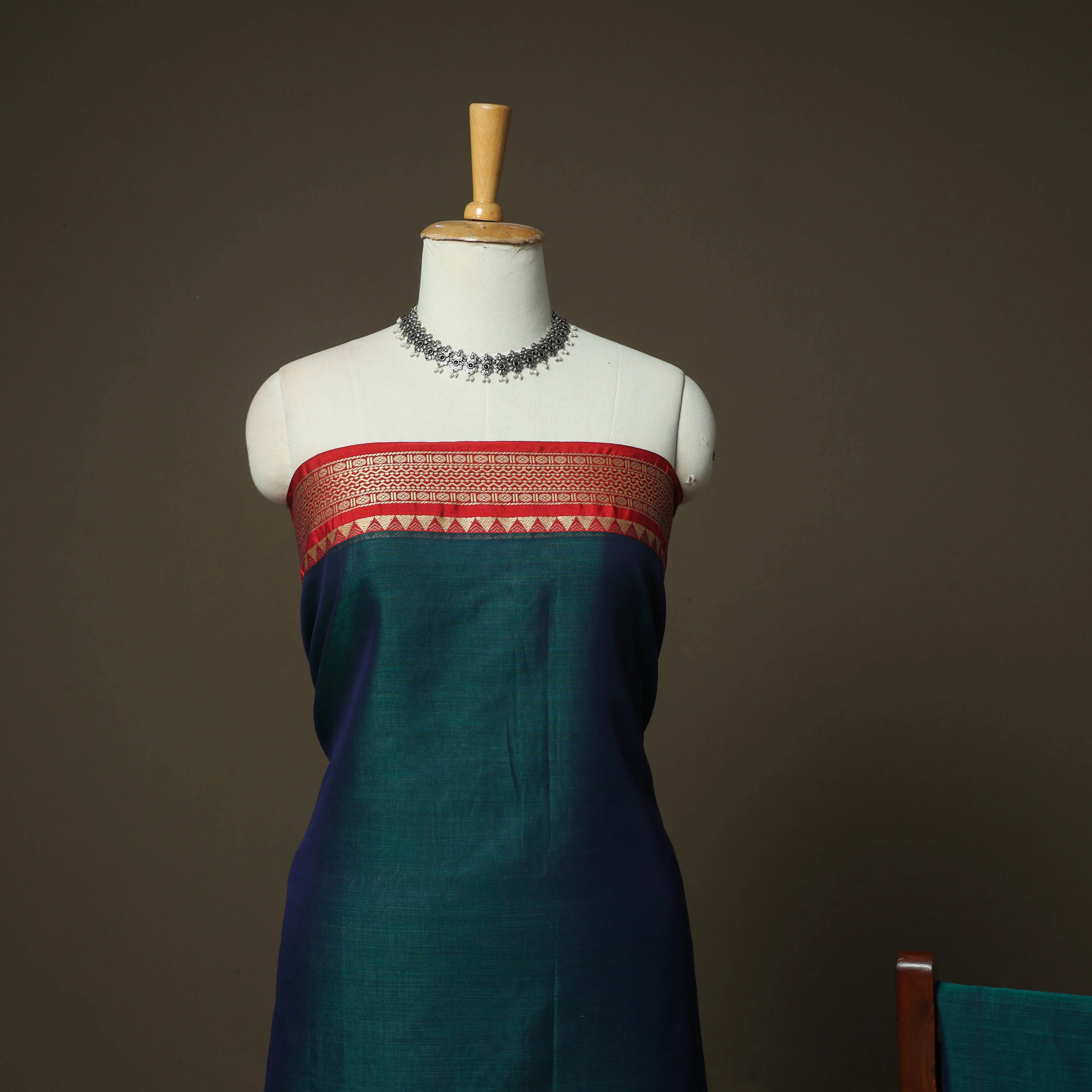 Green - Dharwad Woven Mercerised Cotton 3pc Unstitched Dress Material Suit Set 08 - Image 3