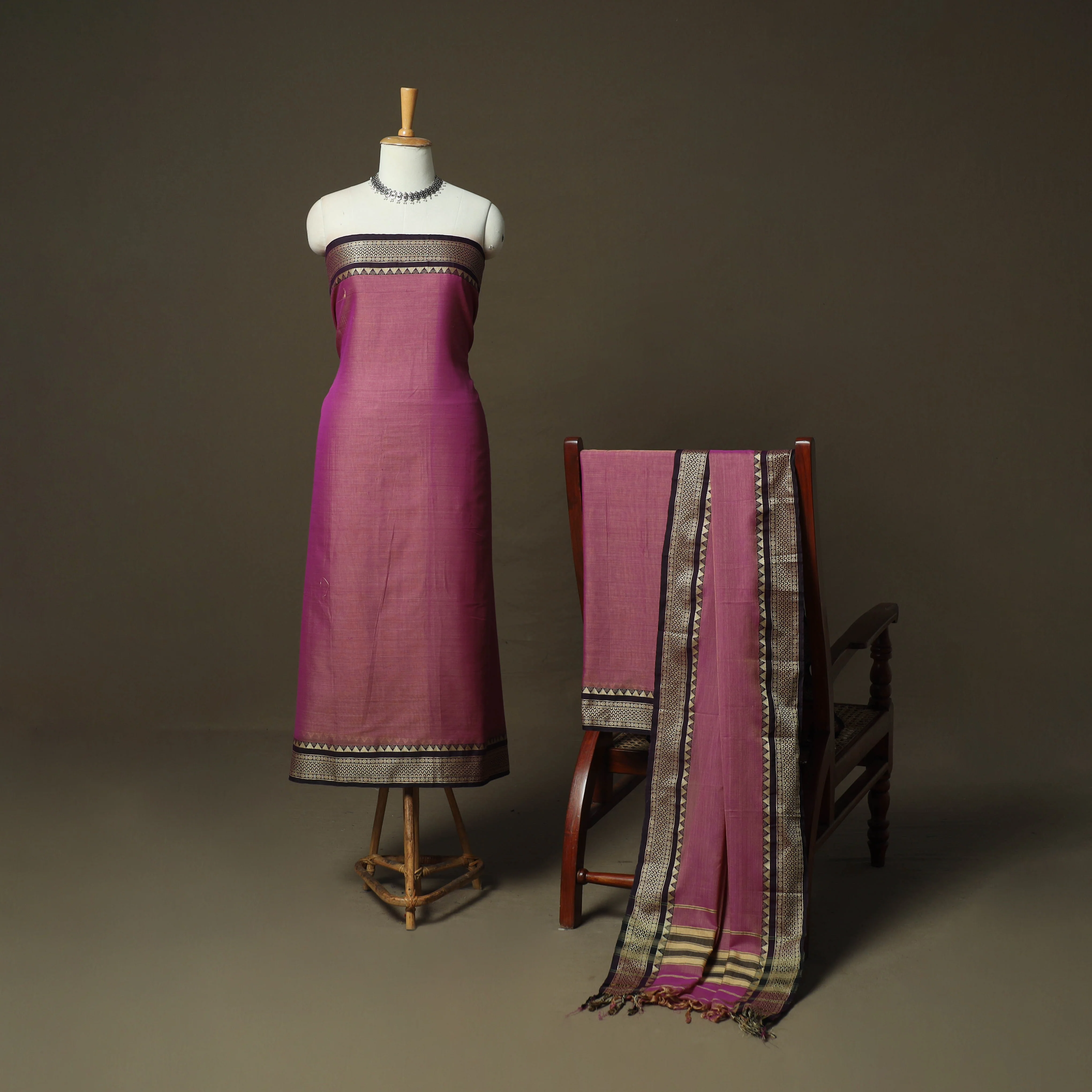Pink - Dharwad Woven Mercerised Cotton 3pc Unstitched Dress Material Suit Set 09