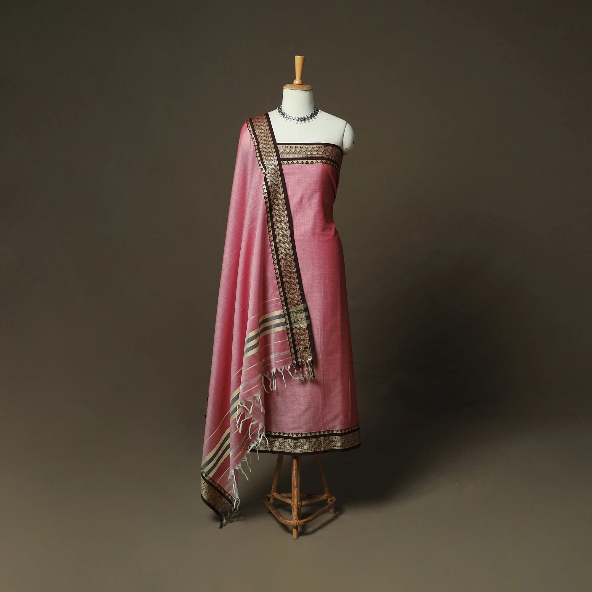 Pink - Dharwad Woven Mercerised Cotton 3pc Unstitched Dress Material Suit Set 10