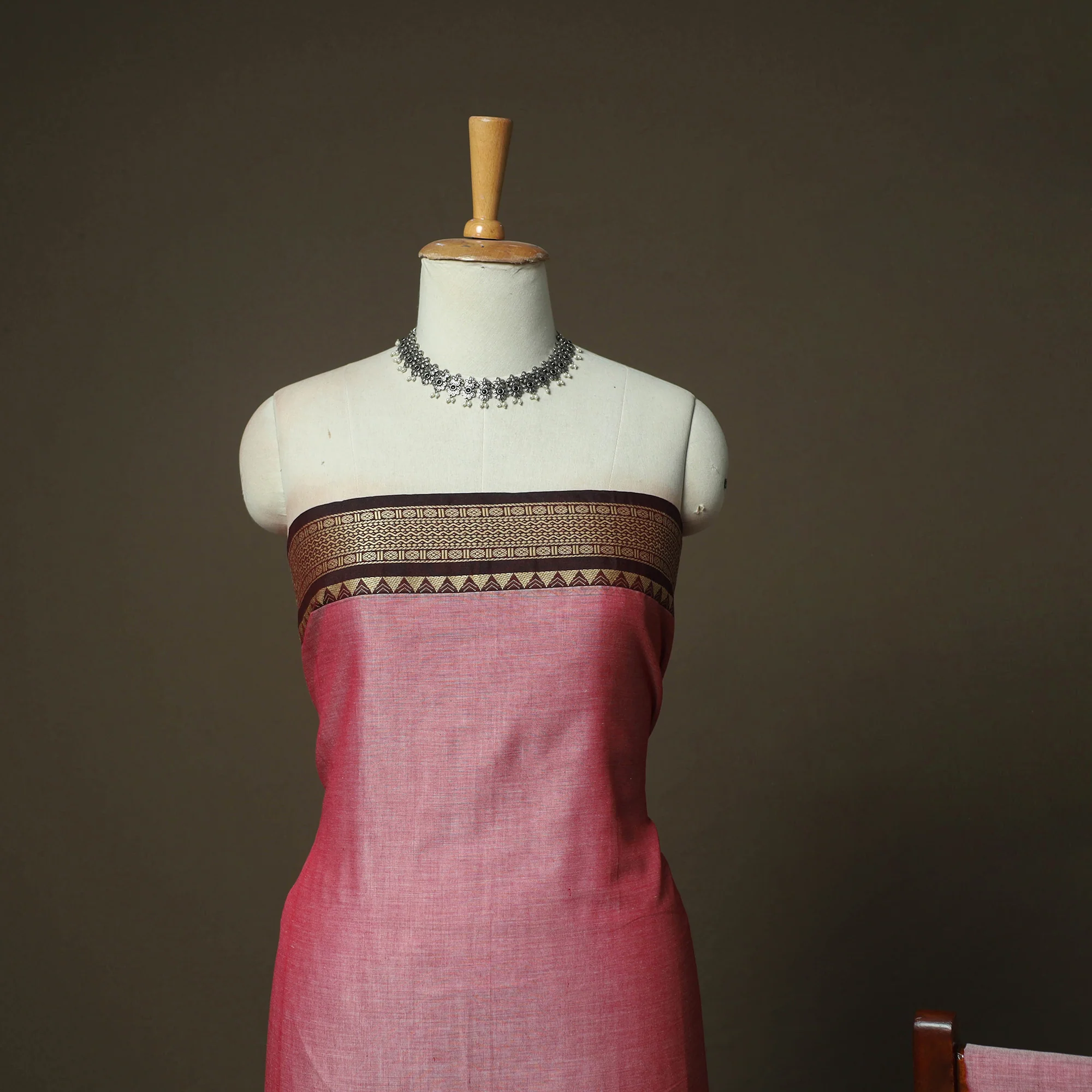 Pink - Dharwad Woven Mercerised Cotton 3pc Unstitched Dress Material Suit Set 10 - Image 3