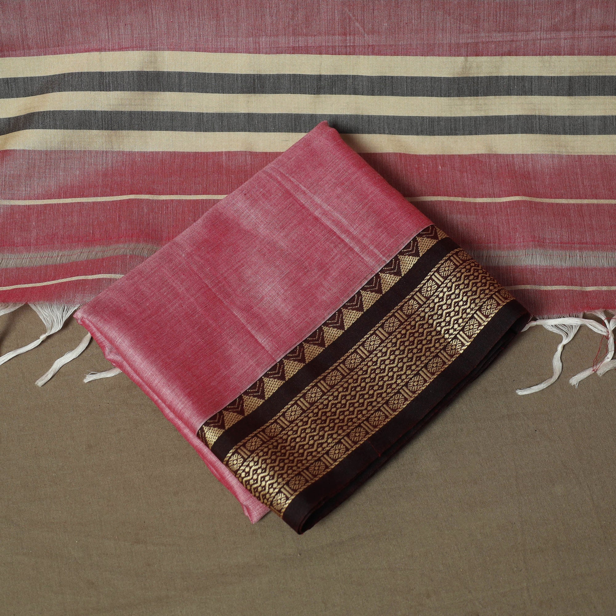 Pink - Dharwad Woven Mercerised Cotton 3pc Unstitched Dress Material Suit Set 10 - Image 4