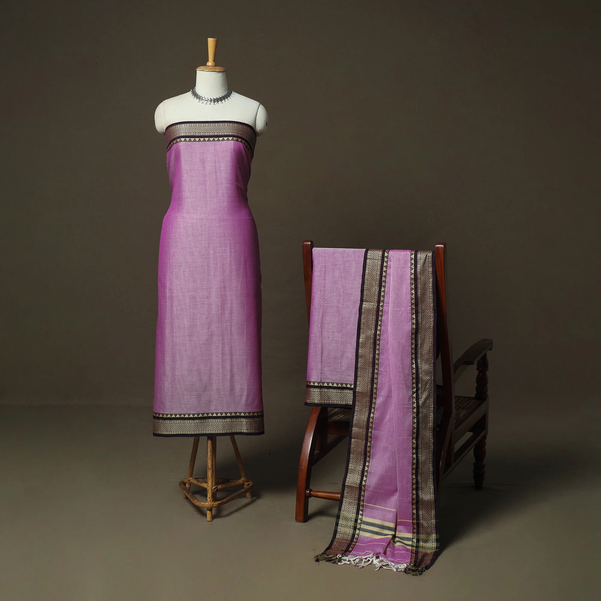 Purple - Dharwad Woven Mercerised Cotton 3pc Unstitched Dress Material Suit Set 11 - Image 2