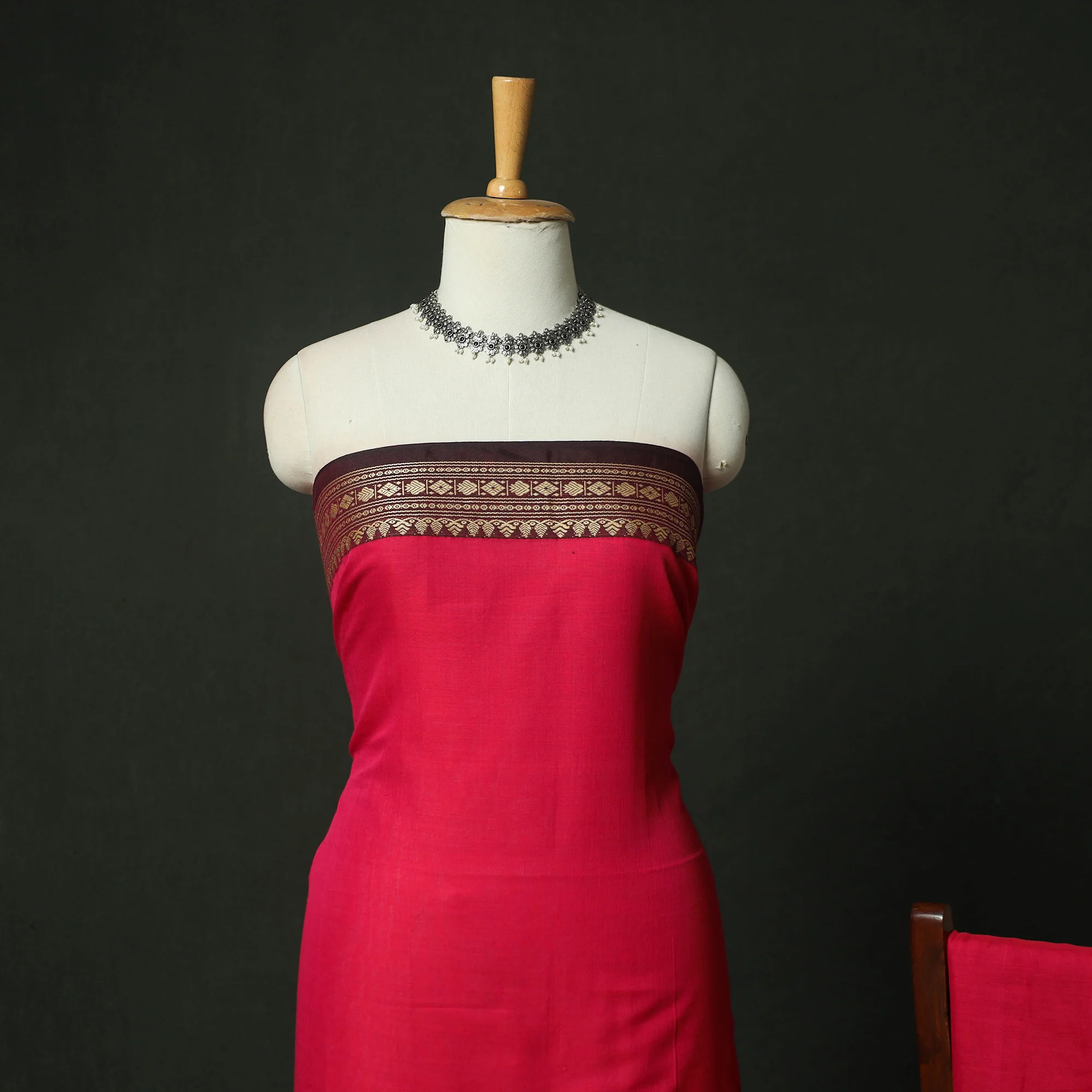 Red - Dharwad Woven Mercerised Cotton 3pc Unstitched Dress Material Suit Set 12 - Image 3