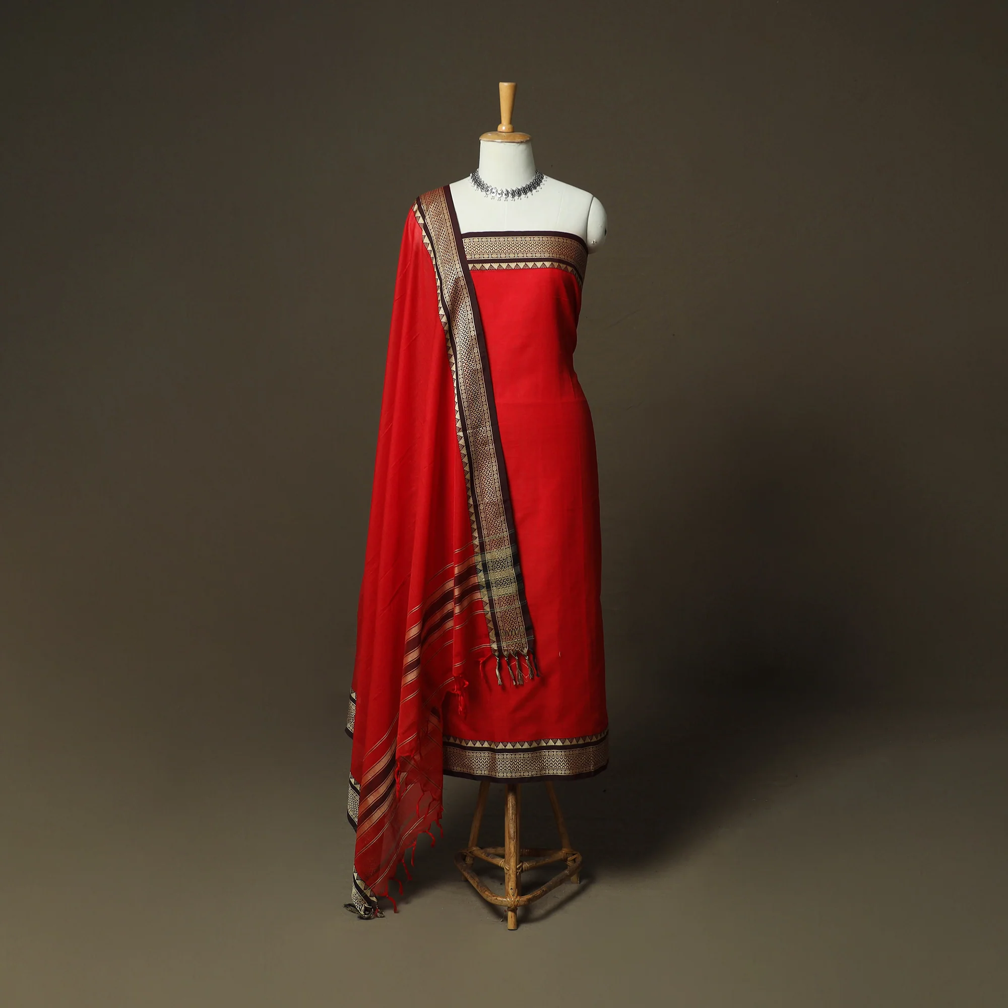 Red - Dharwad Woven Mercerised Cotton 3pc Unstitched Dress Material Suit Set 14