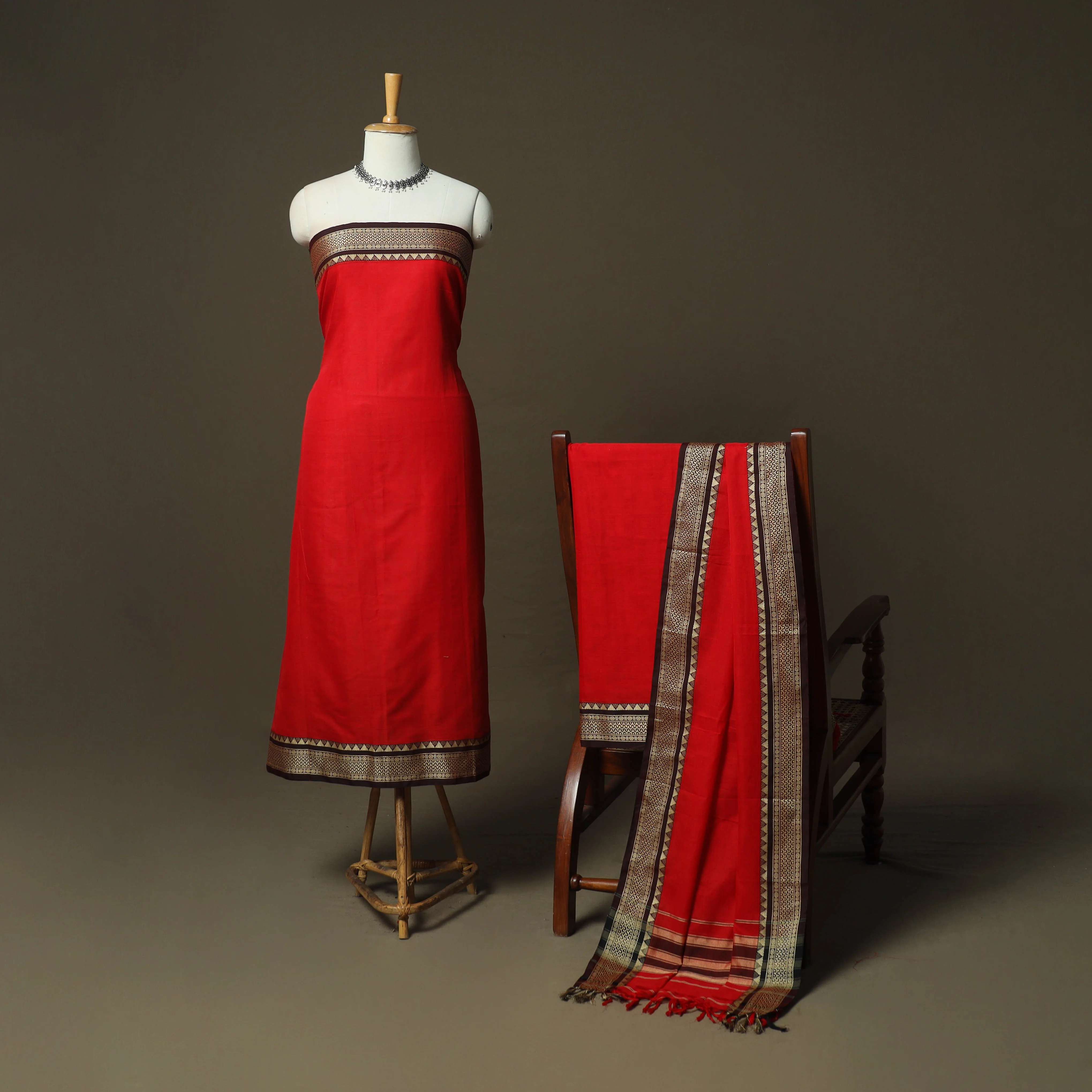 Red - Dharwad Woven Mercerised Cotton 3pc Unstitched Dress Material Suit Set 14 - Image 2