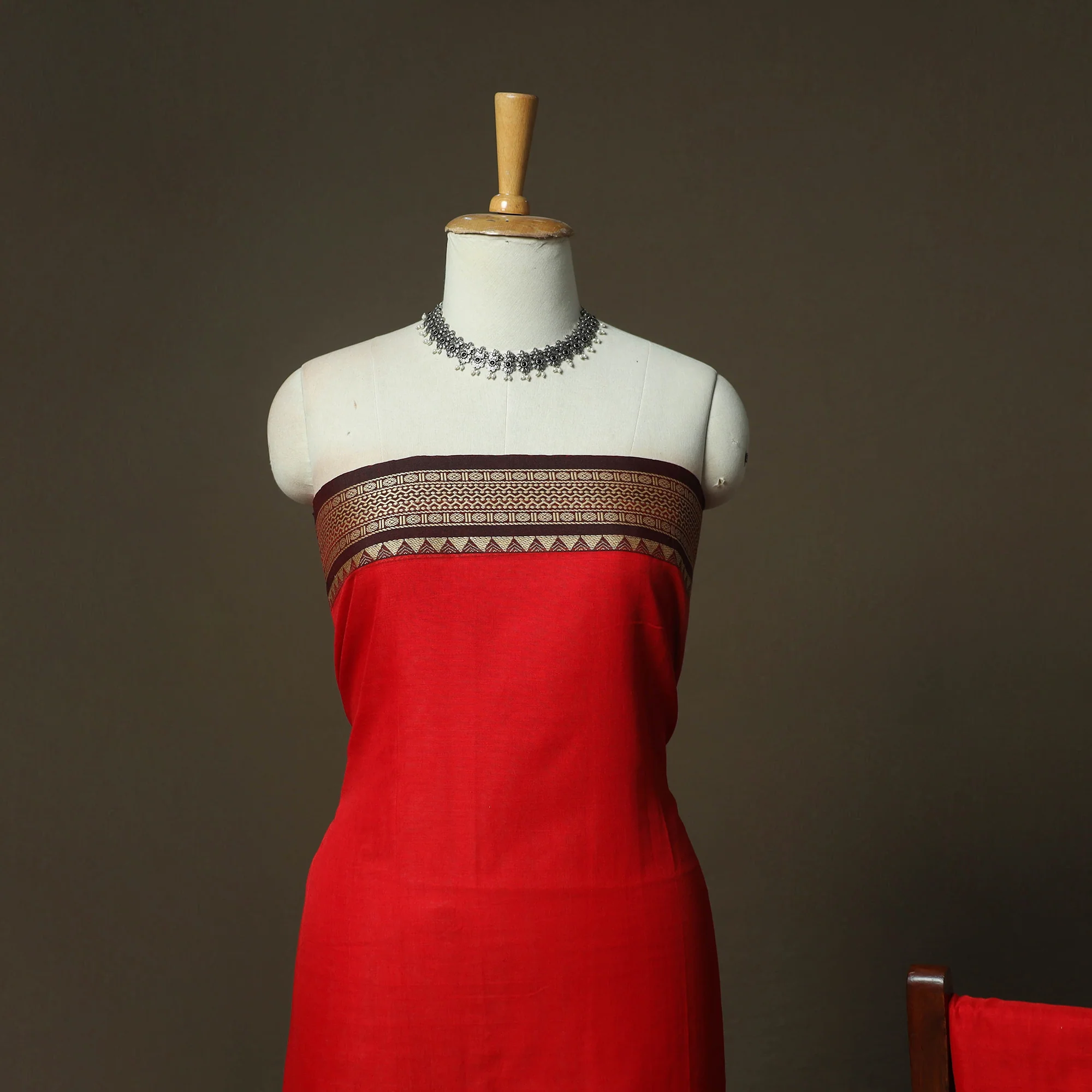 Red - Dharwad Woven Mercerised Cotton 3pc Unstitched Dress Material Suit Set 14 - Image 3