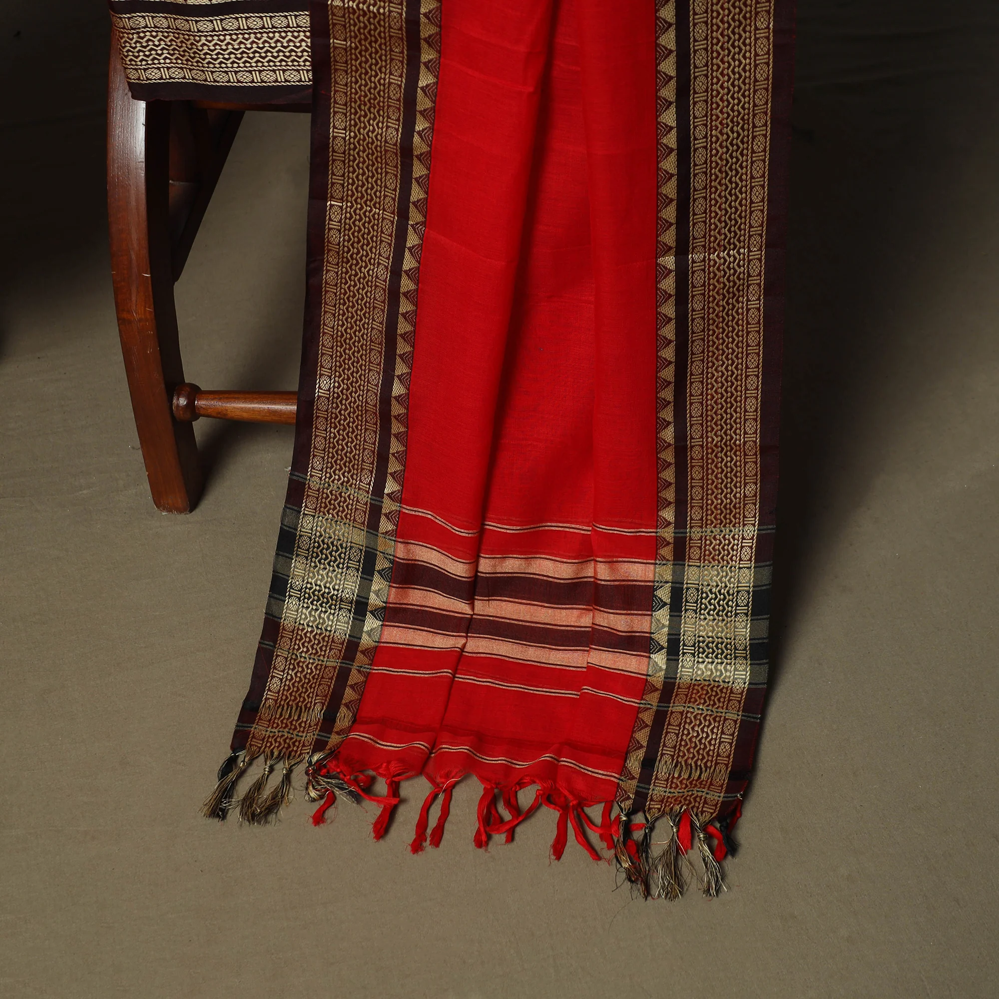 Red - Dharwad Woven Mercerised Cotton 3pc Unstitched Dress Material Suit Set 14 - Image 4