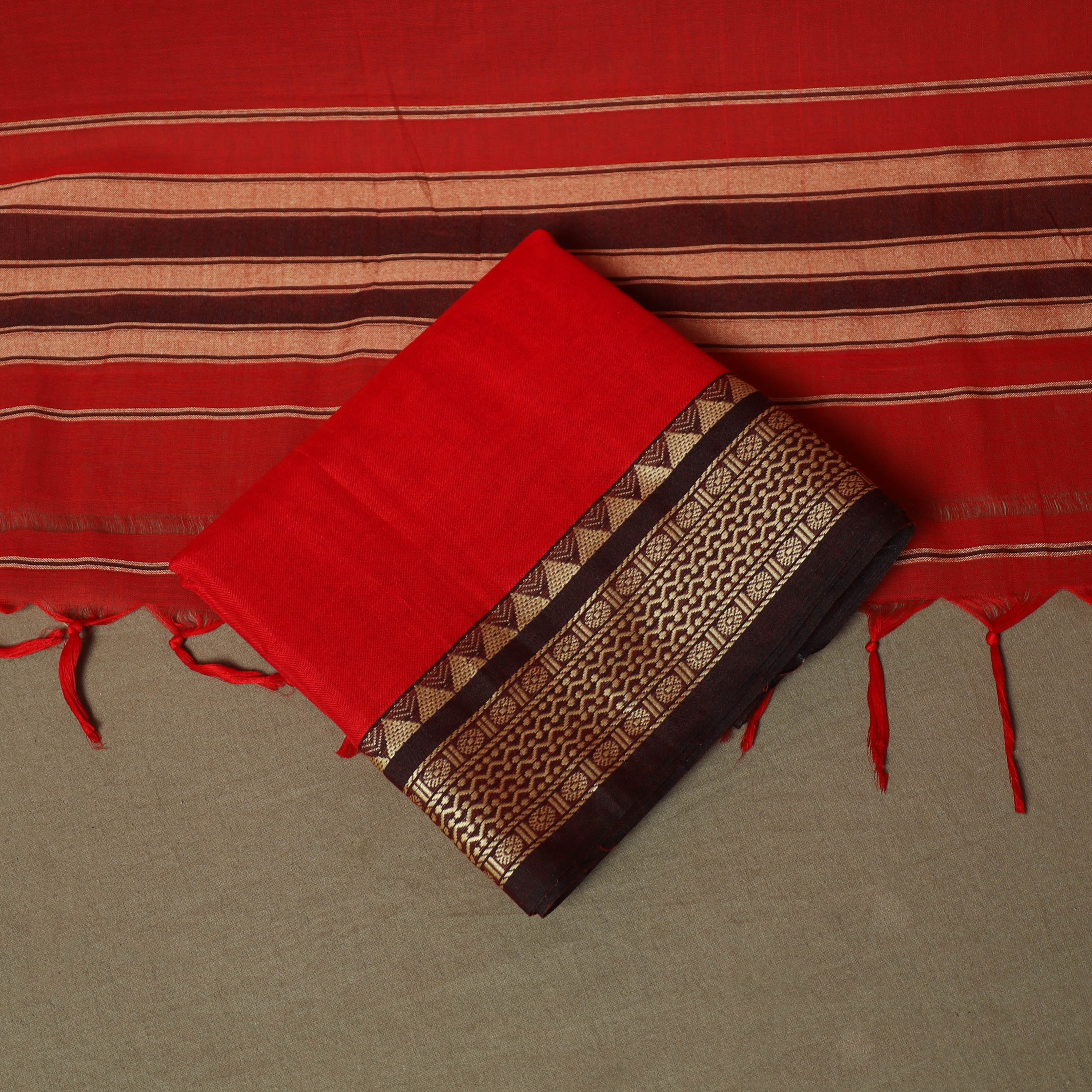 Red - Dharwad Woven Mercerised Cotton 3pc Unstitched Dress Material Suit Set 14 - Image 5