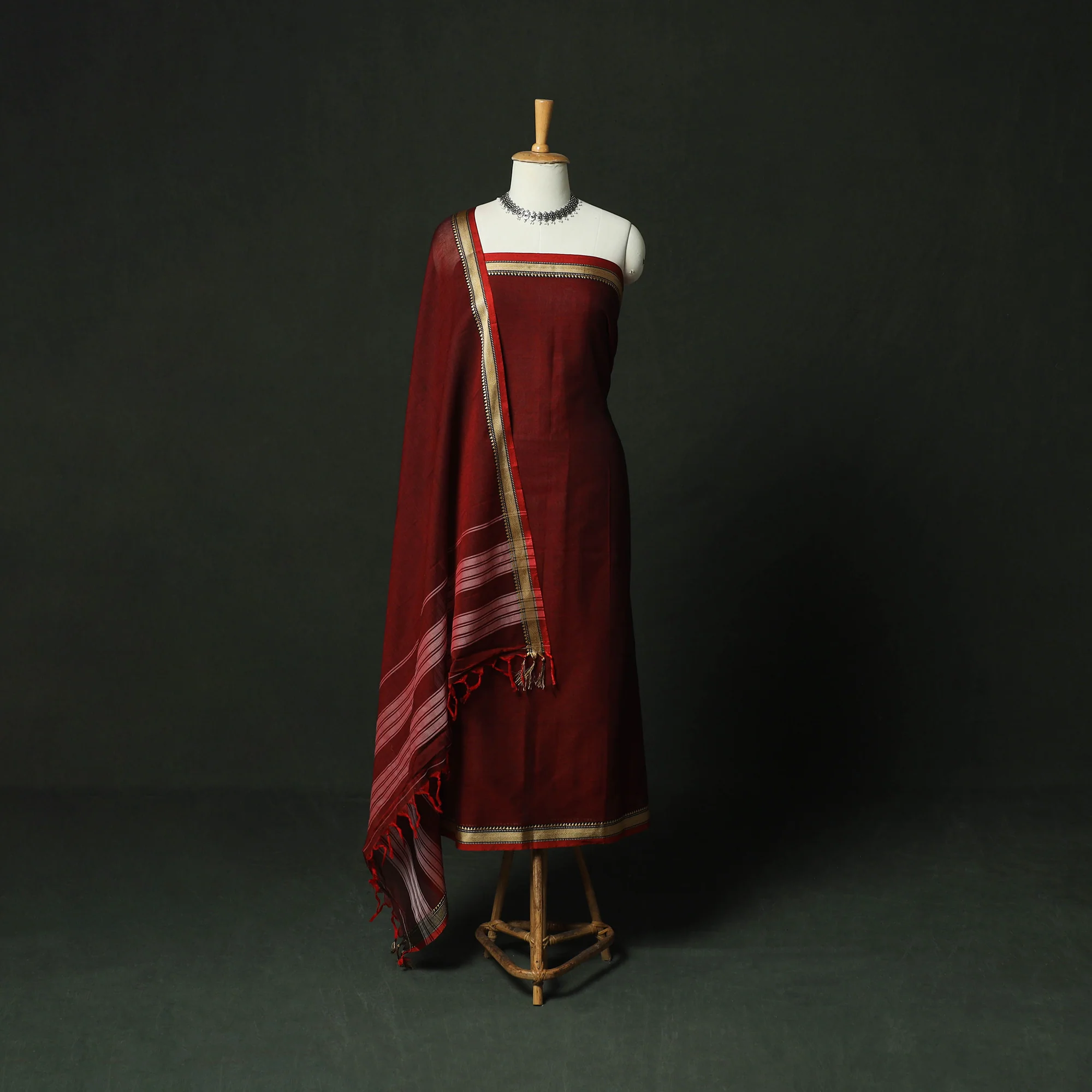 Red - Dharwad Woven Mercerised Cotton 3pc Unstitched Dress Material Suit Set 15