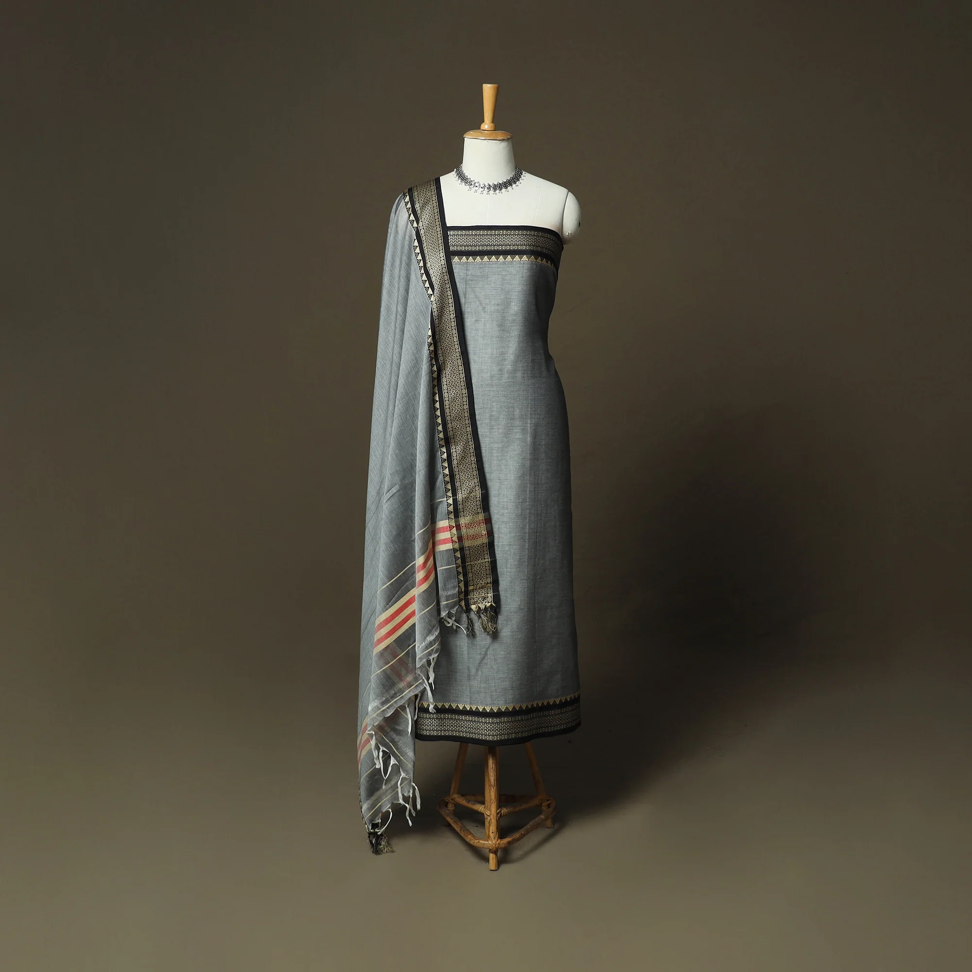 Grey - Dharwad Woven Mercerised Cotton 3pc Unstitched Dress Material Suit Set 16