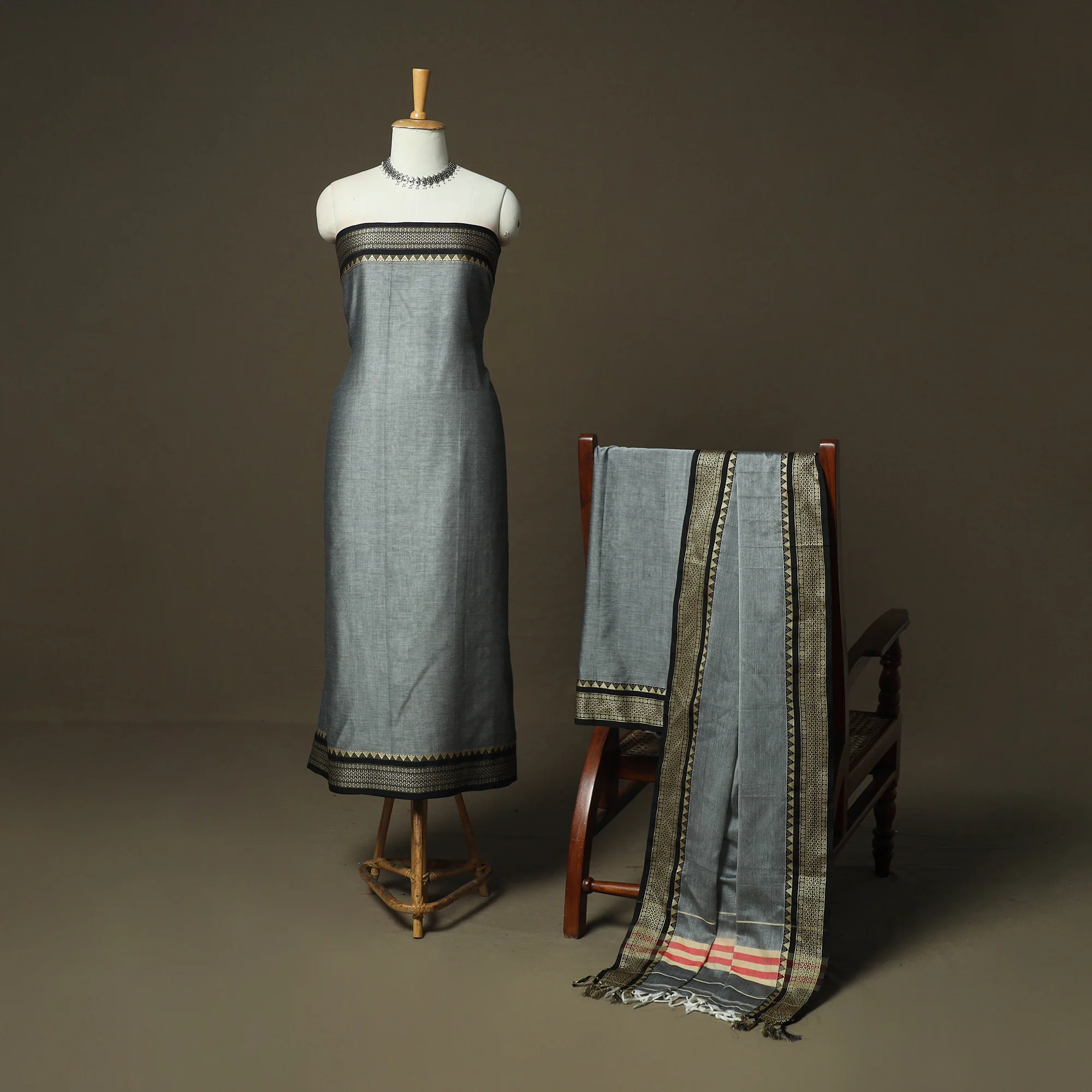Grey - Dharwad Woven Mercerised Cotton 3pc Unstitched Dress Material Suit Set 16 - Image 2