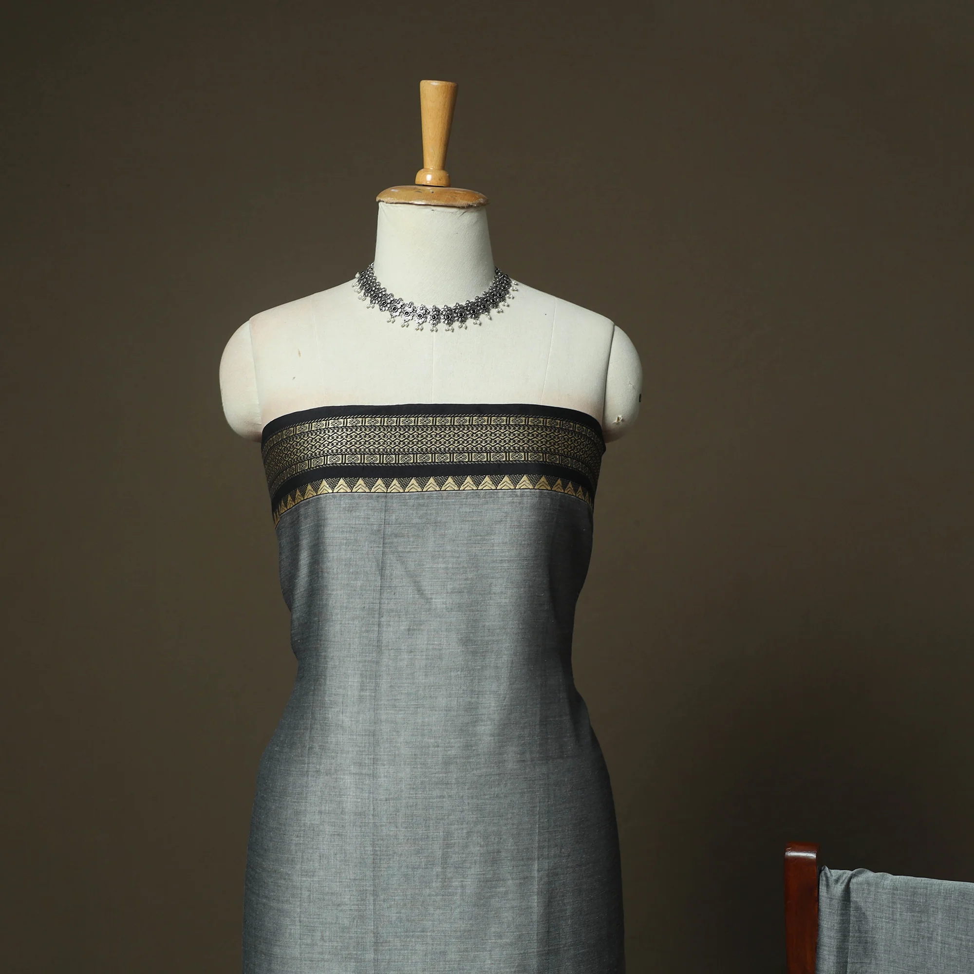 Grey - Dharwad Woven Mercerised Cotton 3pc Unstitched Dress Material Suit Set 16 - Image 3