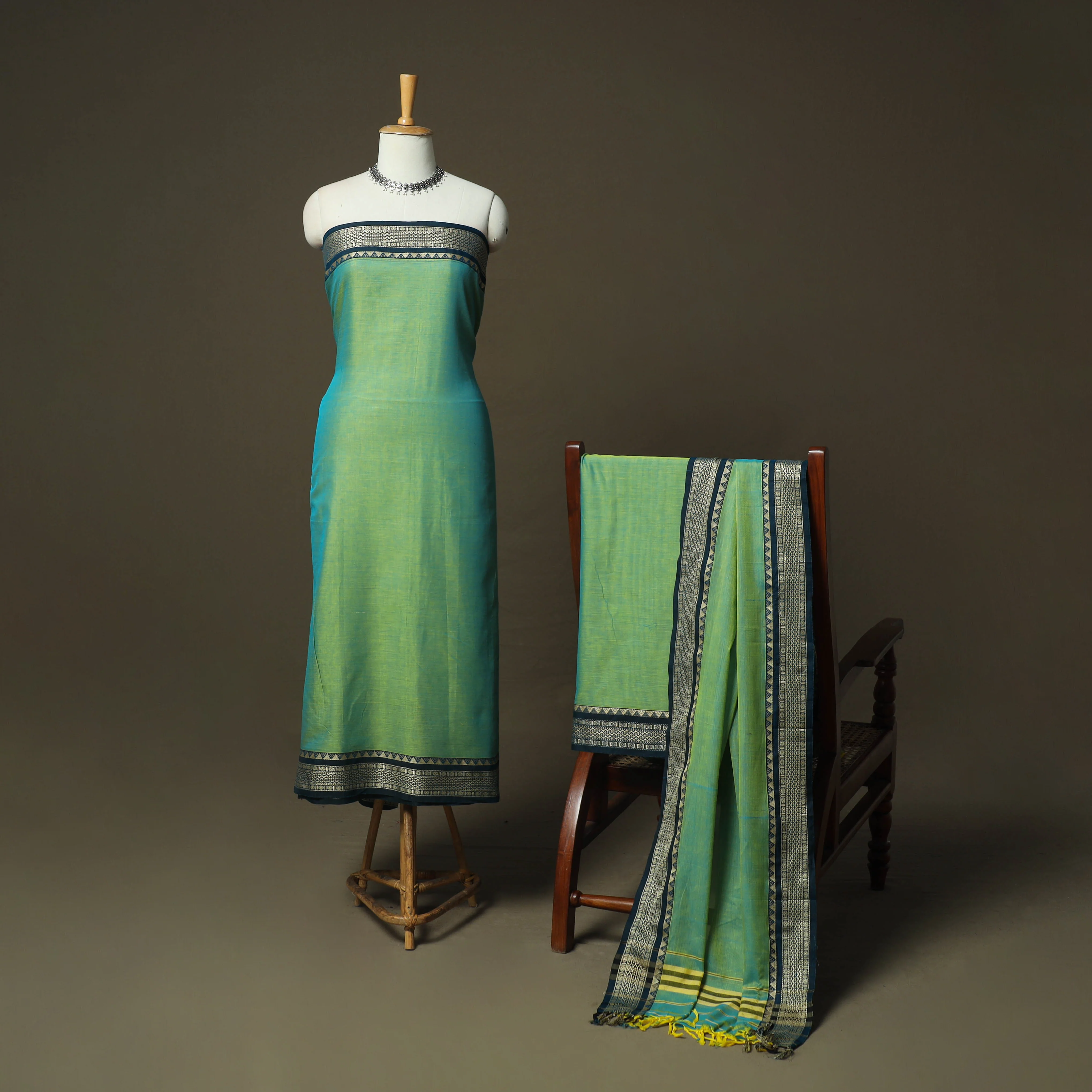 Green - Dharwad Woven Mercerised Cotton 3pc Unstitched Dress Material Suit Set 18 - Image 2