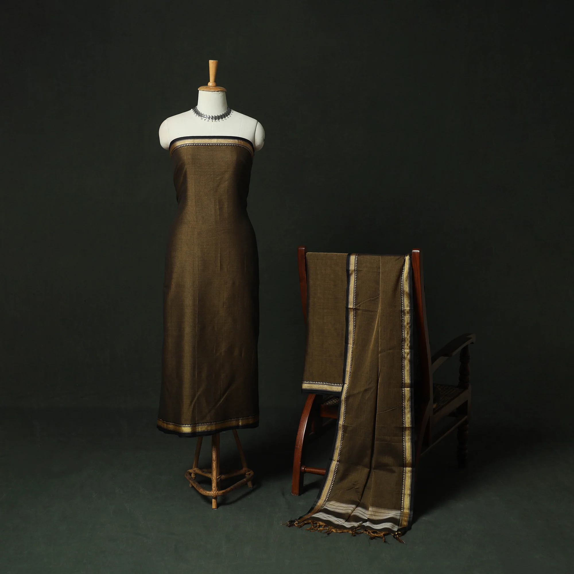 Brown - Dharwad Woven Mercerised Cotton 3pc Unstitched Dress Material Suit Set 19 - Image 2