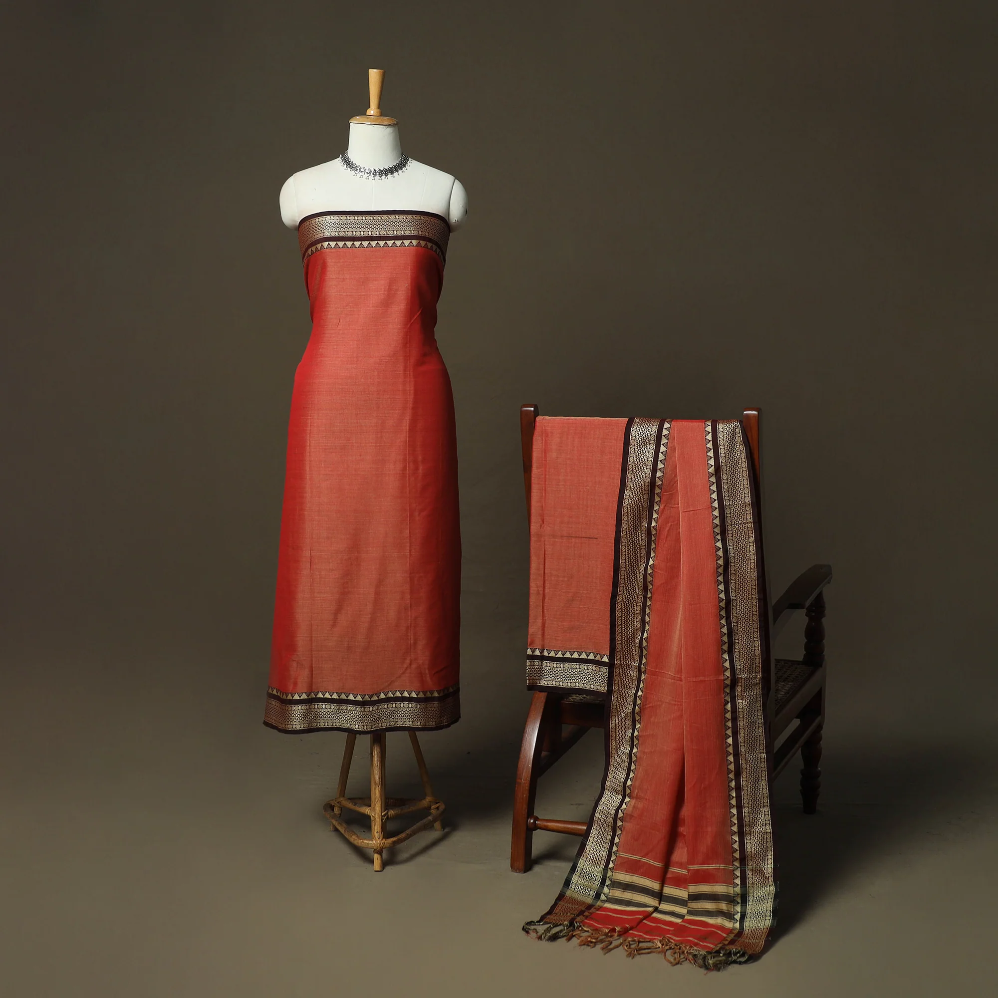 Orange - Dharwad Woven Mercerised Cotton 3pc Unstitched Dress Material Suit Set 19 - Image 2