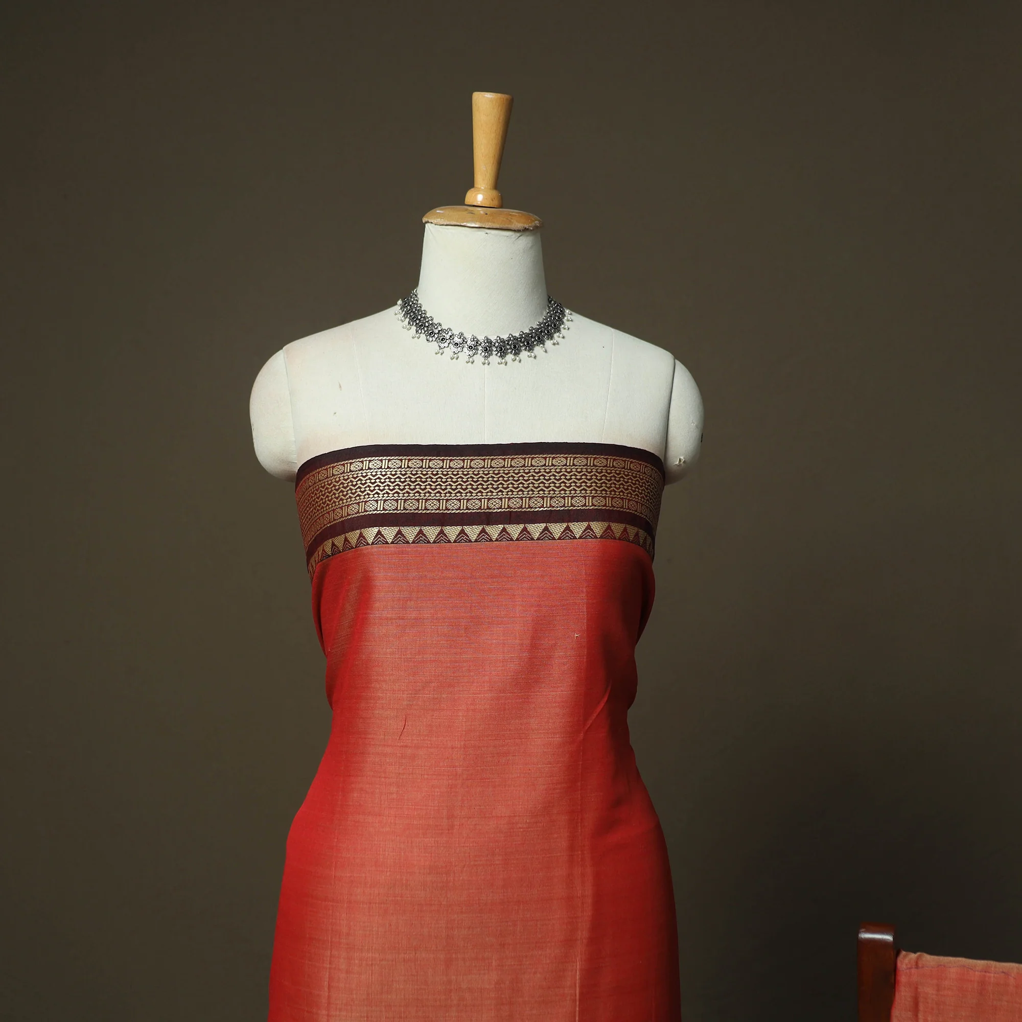 Orange - Dharwad Woven Mercerised Cotton 3pc Unstitched Dress Material Suit Set 19 - Image 3
