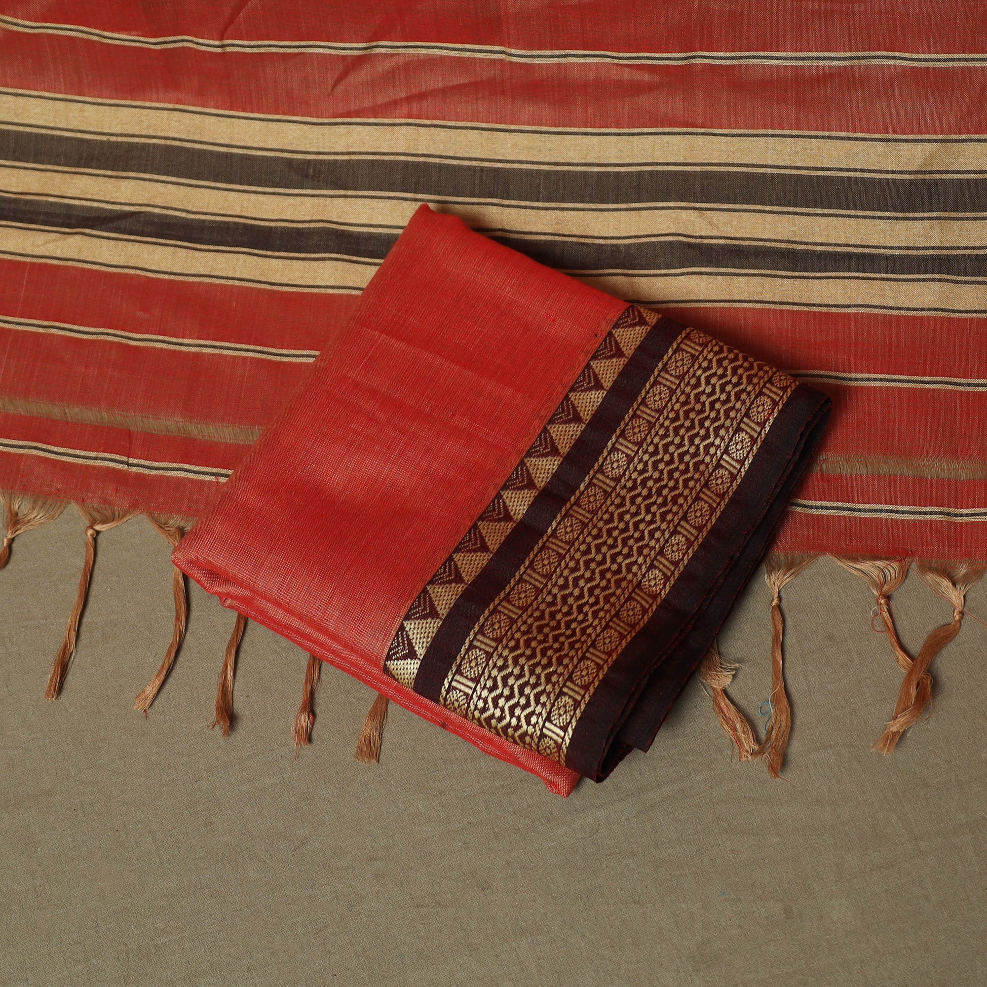 Orange - Dharwad Woven Mercerised Cotton 3pc Unstitched Dress Material Suit Set 19 - Image 5