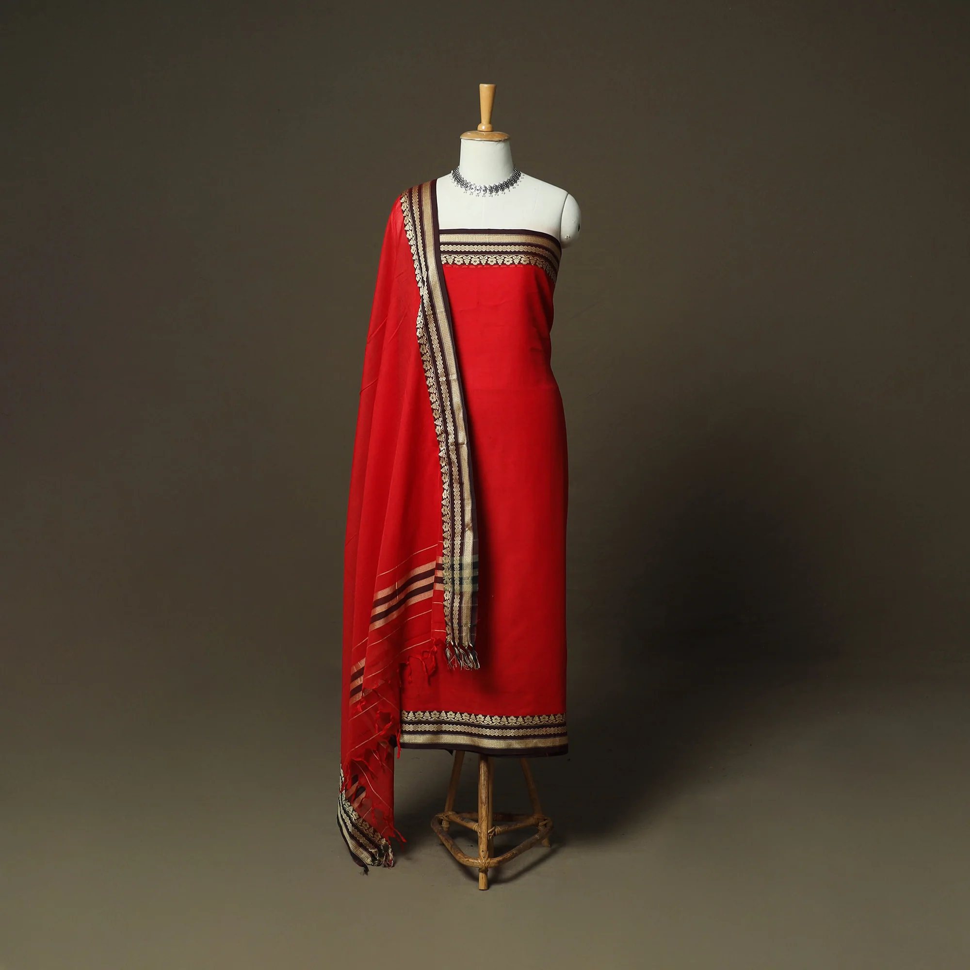 Red - Dharwad Woven Mercerised Cotton 3pc Unstitched Dress Material Suit Set 20