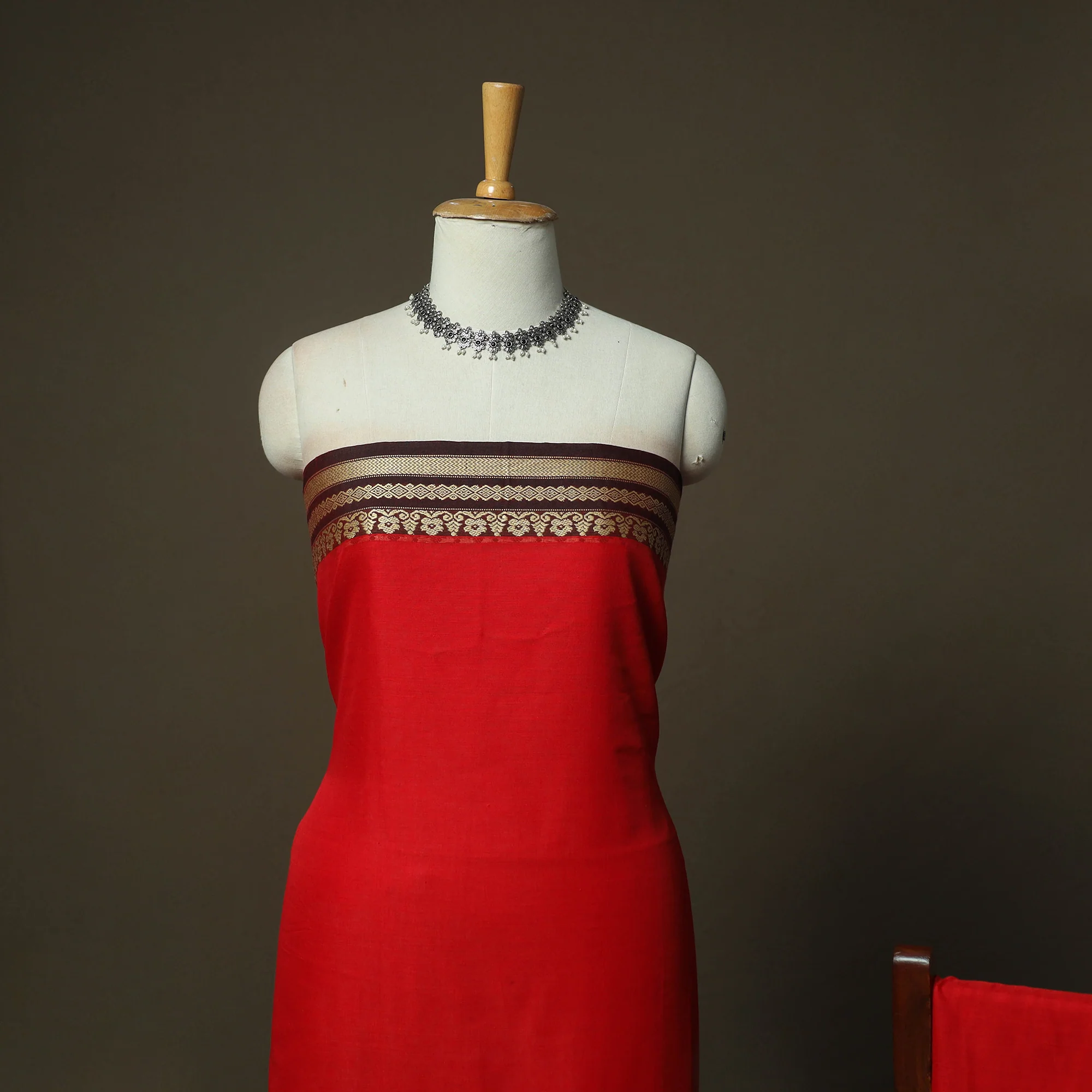Red - Dharwad Woven Mercerised Cotton 3pc Unstitched Dress Material Suit Set 20 - Image 3