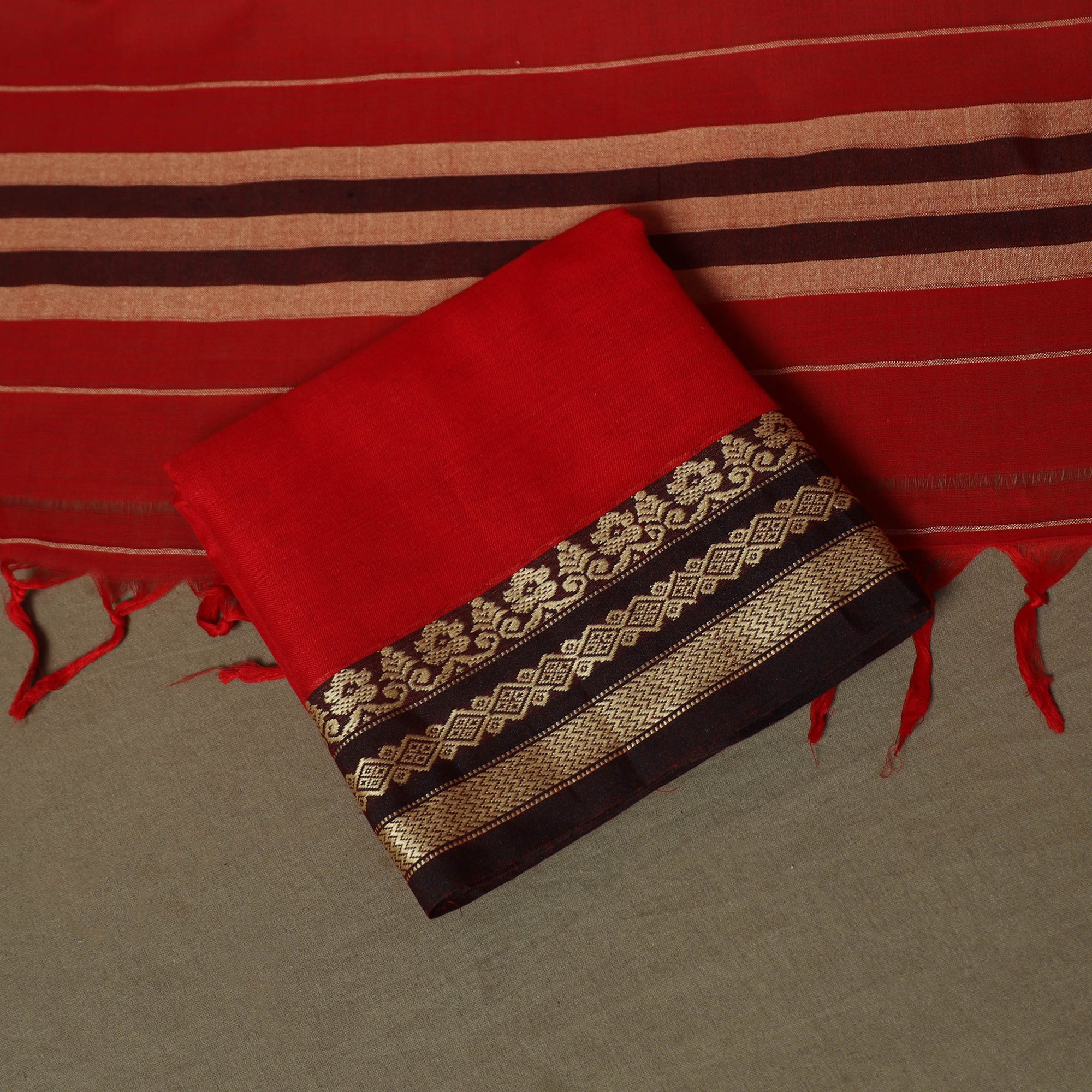 Red - Dharwad Woven Mercerised Cotton 3pc Unstitched Dress Material Suit Set 20 - Image 5