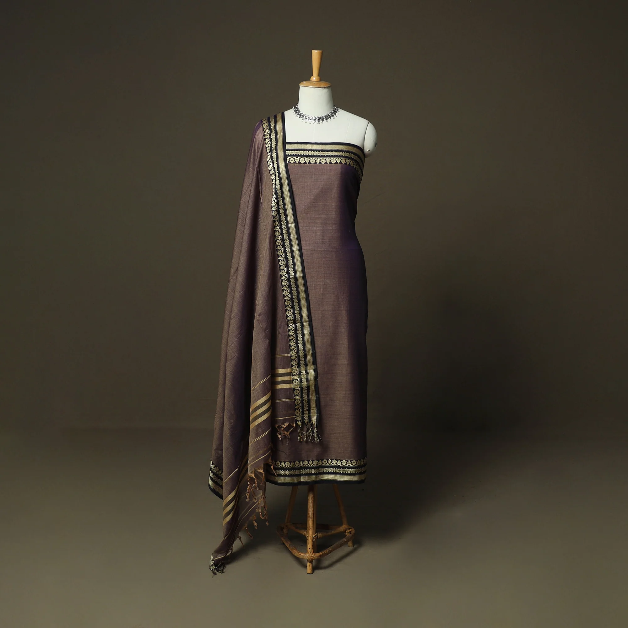 Brown - Dharwad Woven Mercerised Cotton 3pc Unstitched Dress Material Suit Set 21