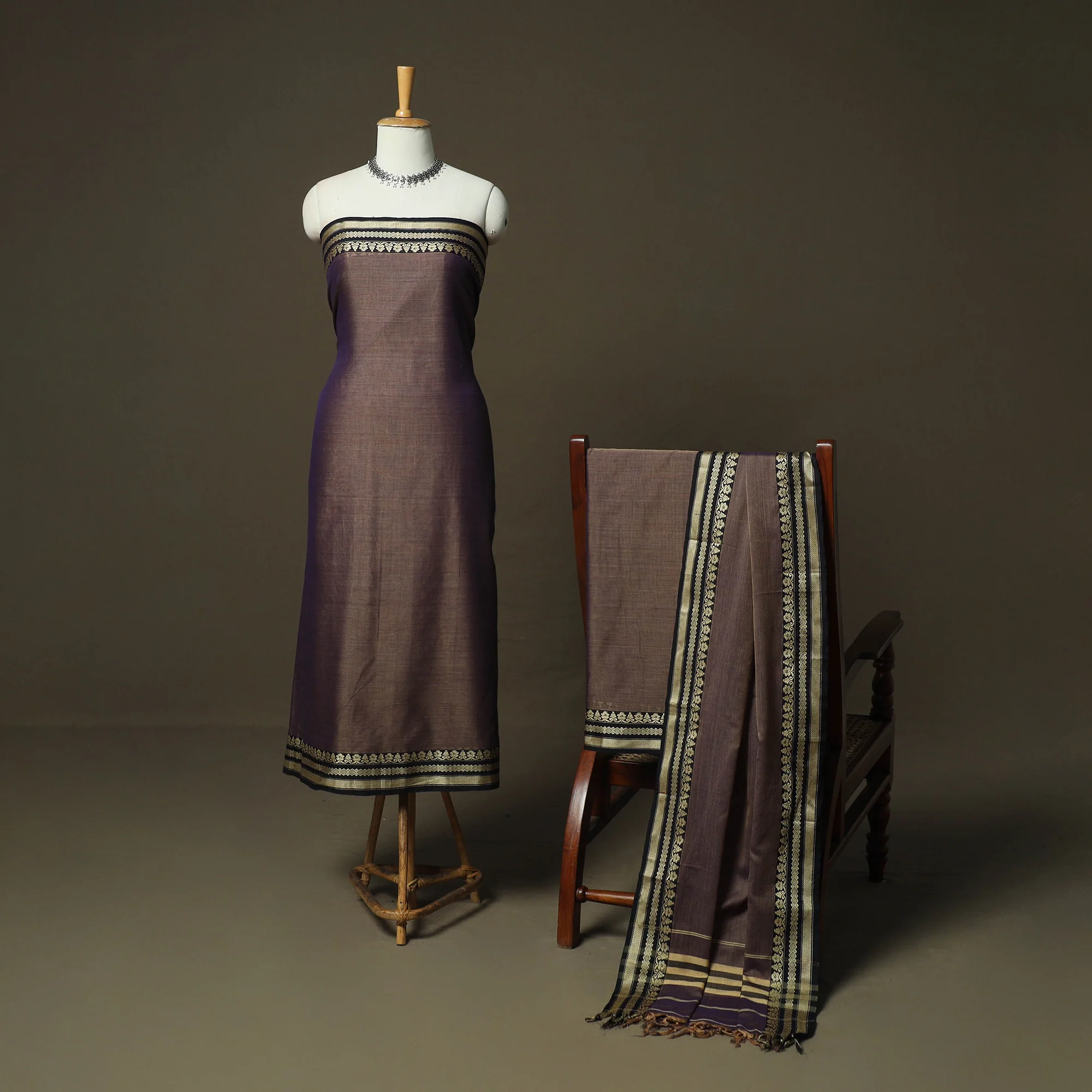 Brown - Dharwad Woven Mercerised Cotton 3pc Unstitched Dress Material Suit Set 21 - Image 2