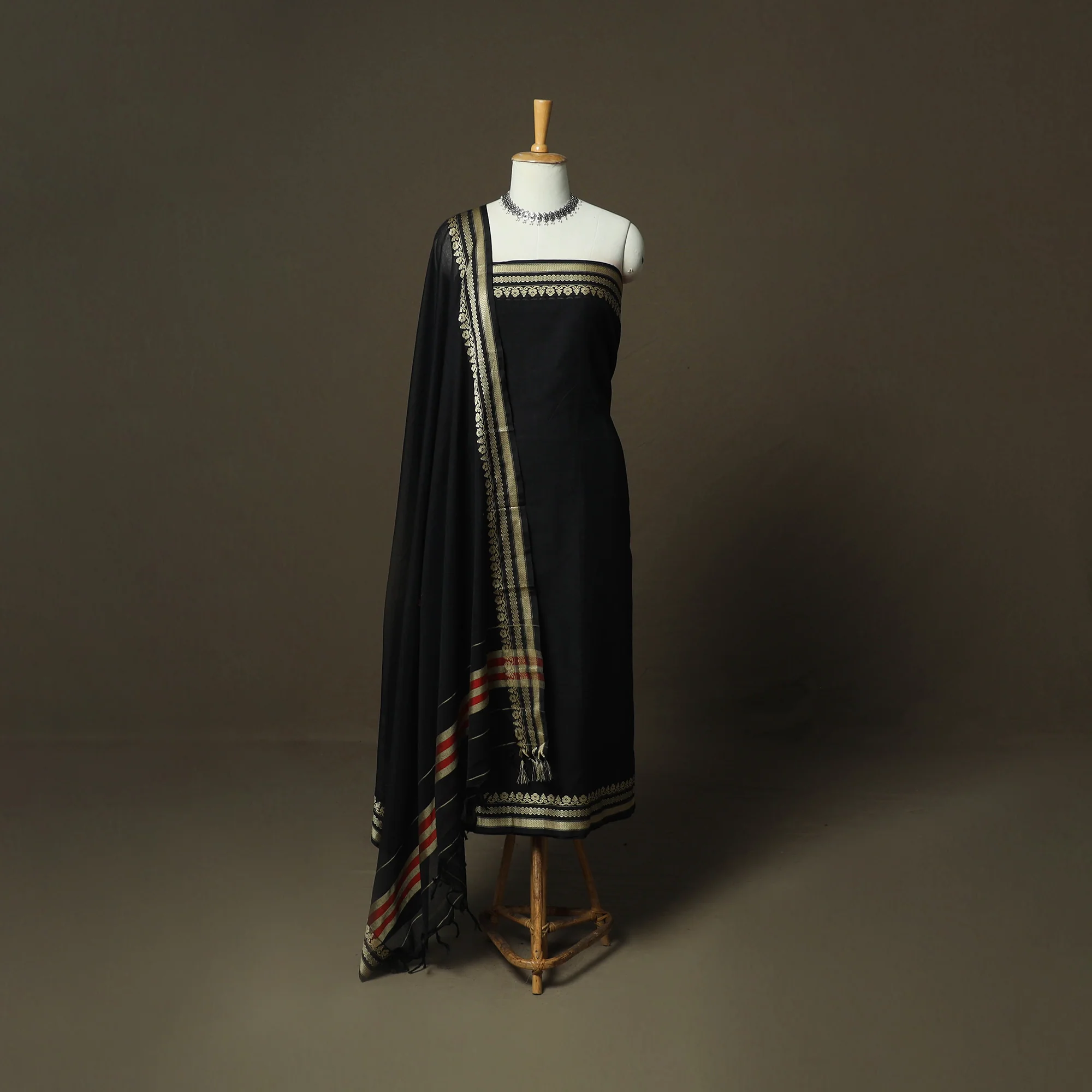 Black - Dharwad Woven Mercerised Cotton 3pc Unstitched Dress Material Suit Set 24