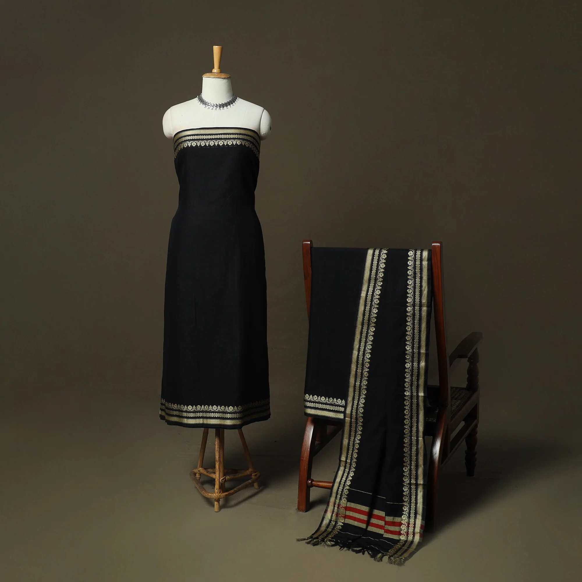 Black - Dharwad Woven Mercerised Cotton 3pc Unstitched Dress Material Suit Set 24 - Image 2
