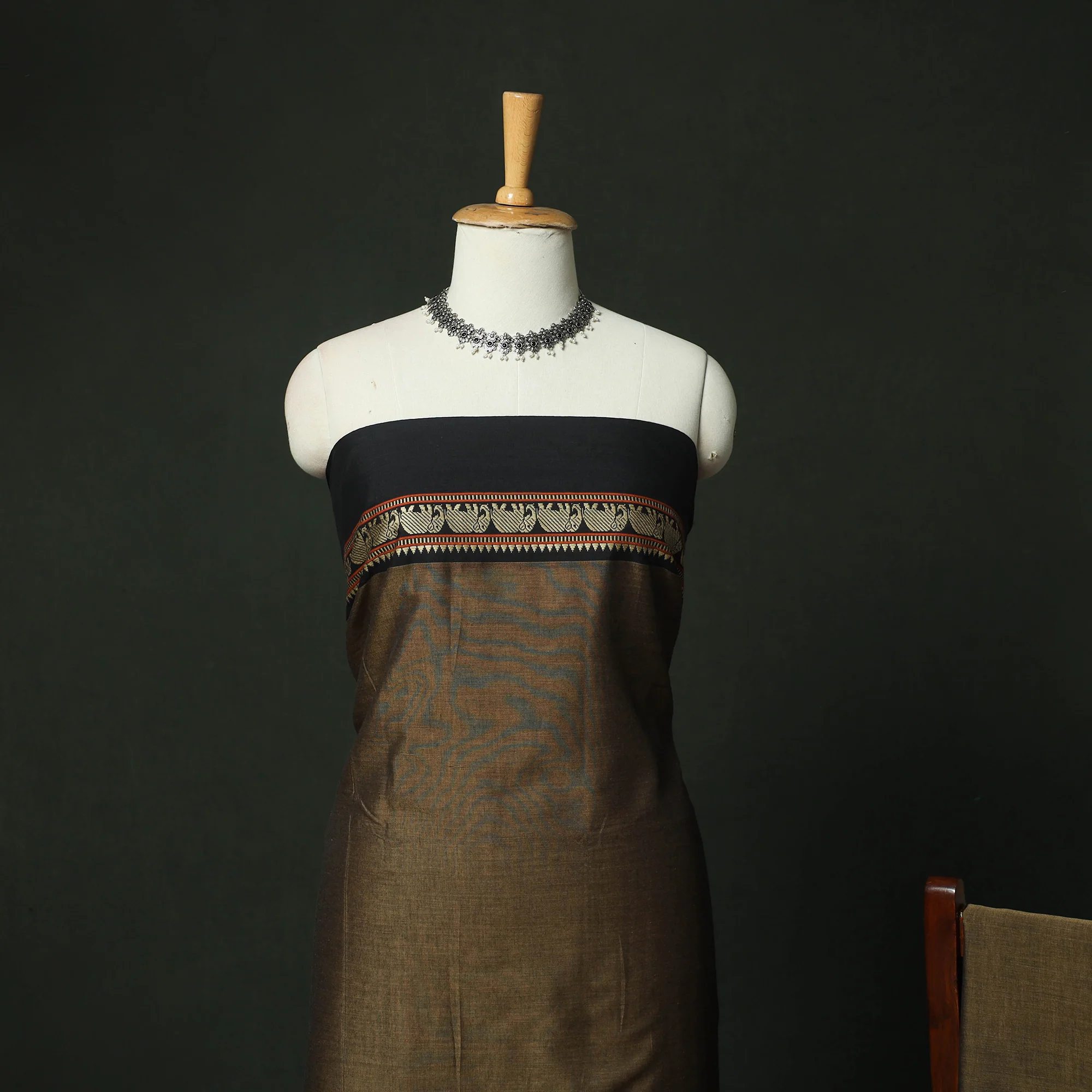 Brown - Dharwad Woven Mercerised Cotton 3pc Unstitched Dress Material Suit Set 28 - Image 3