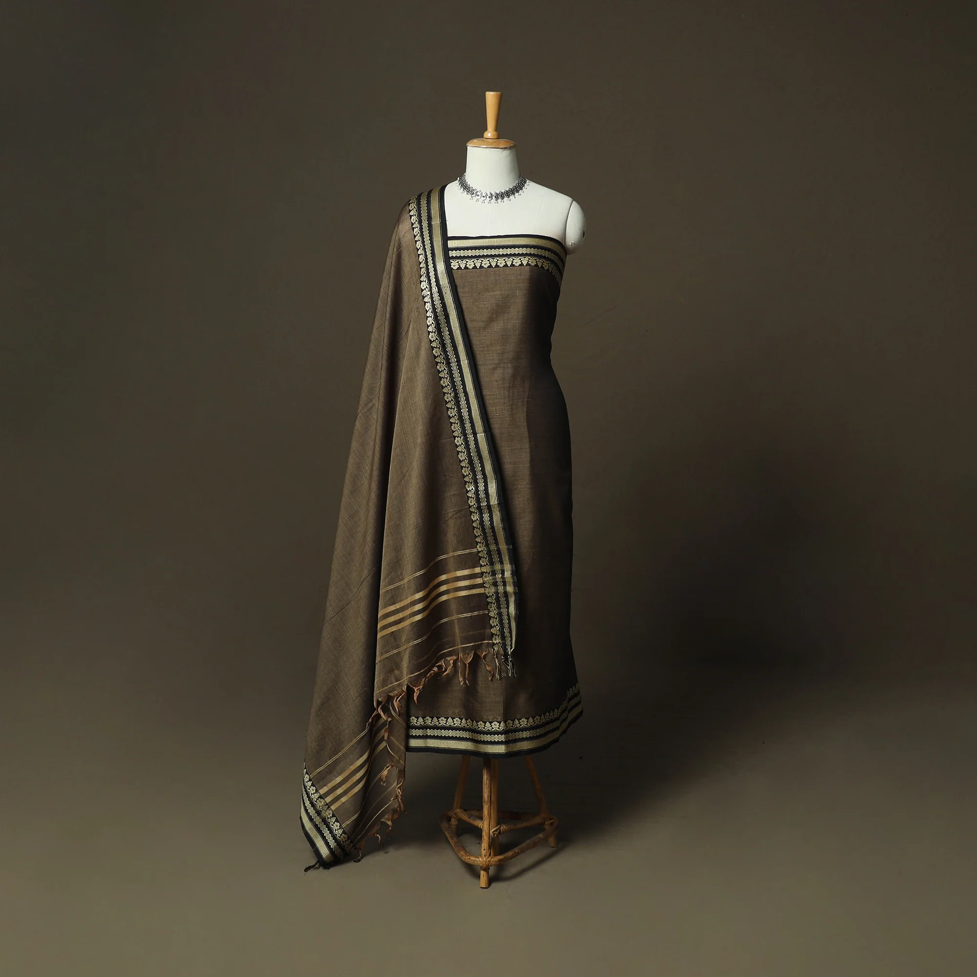 Brown - Dharwad Woven Mercerised Cotton 3pc Unstitched Dress Material Suit Set 28