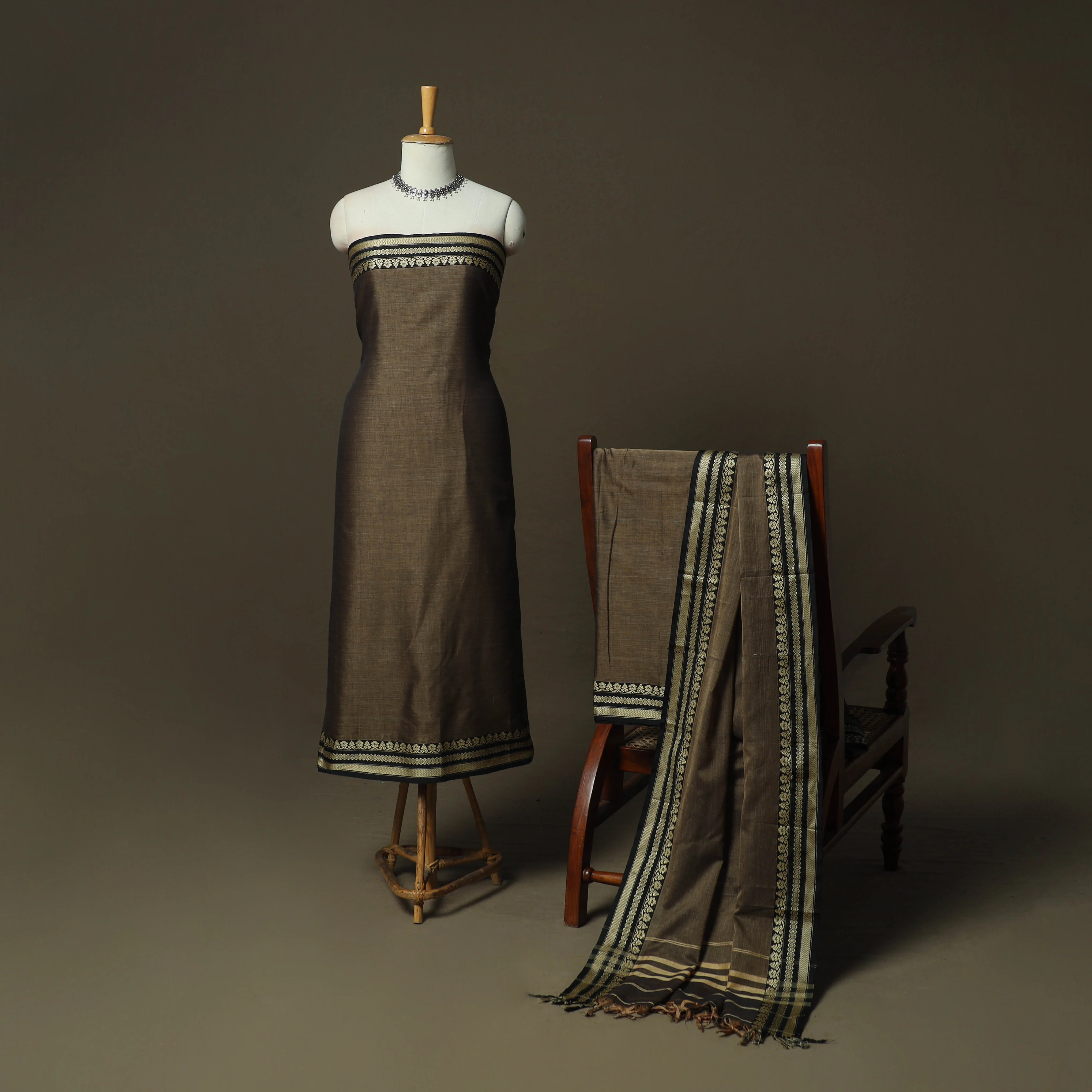 Brown - Dharwad Woven Mercerised Cotton 3pc Unstitched Dress Material Suit Set 28 - Image 2