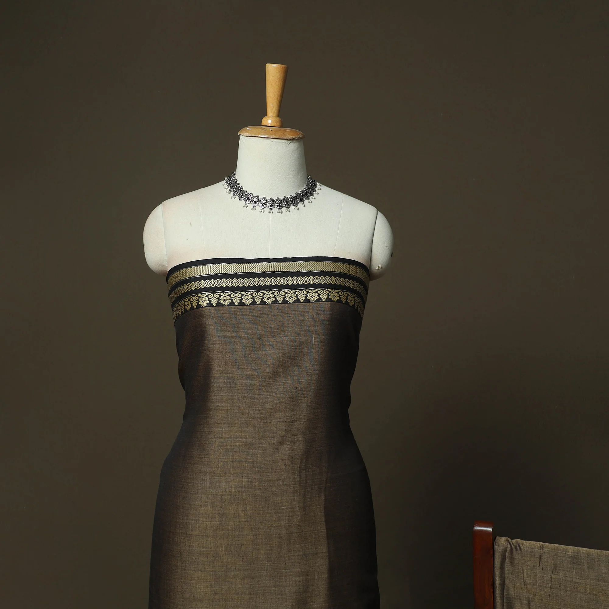 Brown - Dharwad Woven Mercerised Cotton 3pc Unstitched Dress Material Suit Set 28 - Image 3