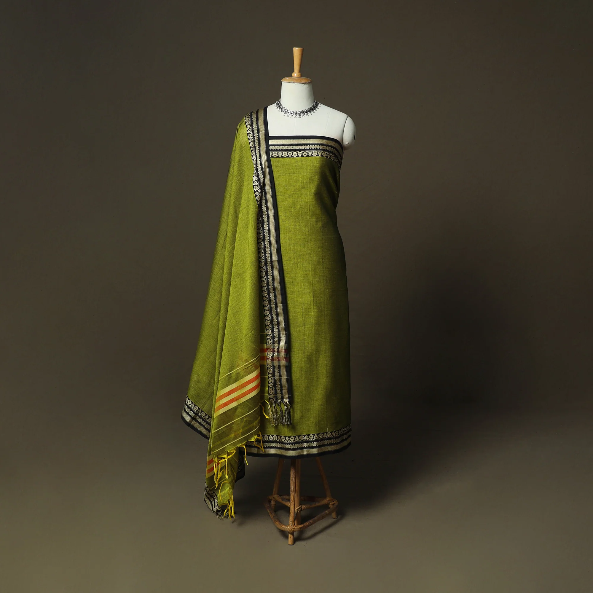Green - Dharwad Woven Mercerised Cotton 3pc Unstitched Dress Material Suit Set 29