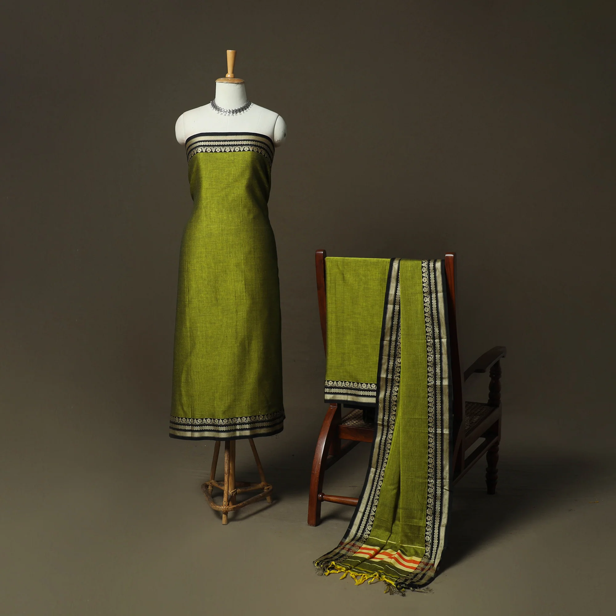 Green - Dharwad Woven Mercerised Cotton 3pc Unstitched Dress Material Suit Set 29 - Image 2