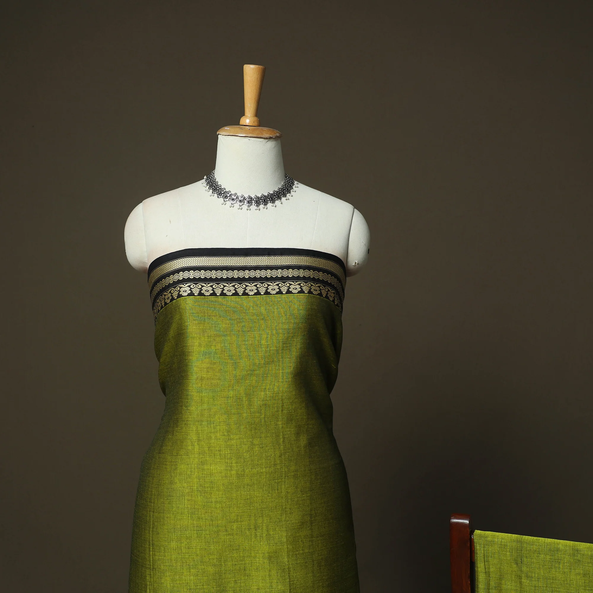 Green - Dharwad Woven Mercerised Cotton 3pc Unstitched Dress Material Suit Set 29 - Image 3