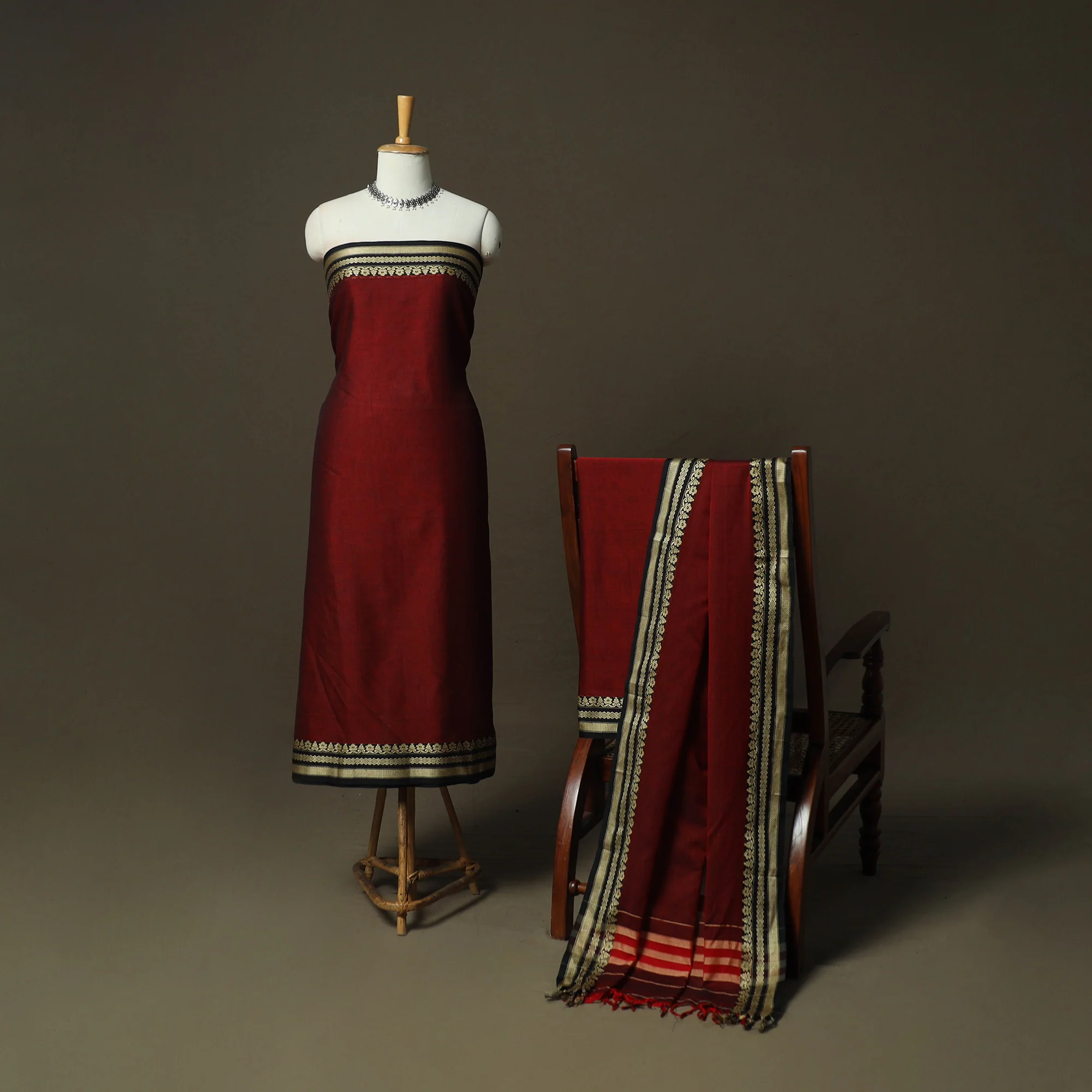 Maroon - Dharwad Woven Mercerised Cotton 3pc Unstitched Dress Material Suit Set 30 - Image 2