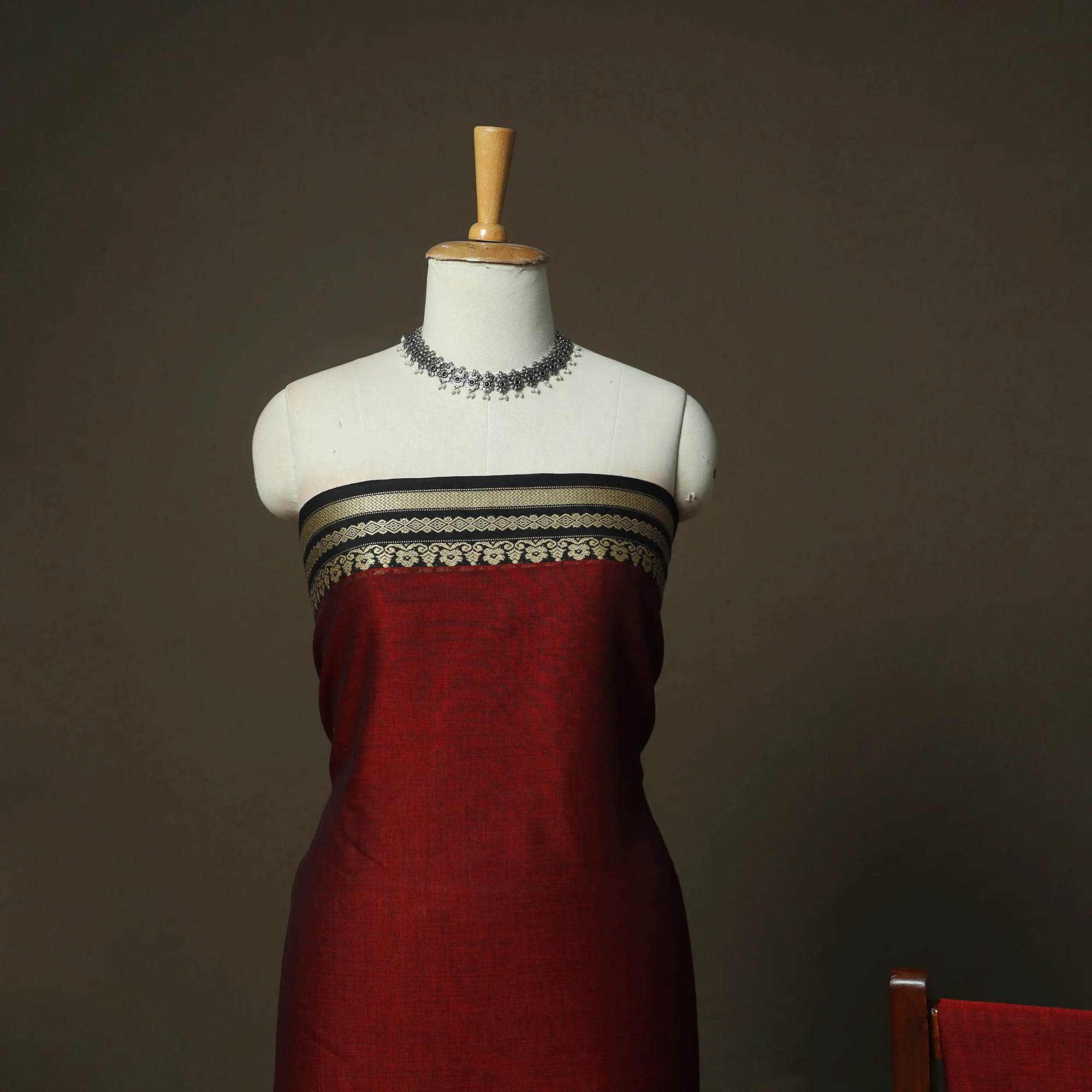Maroon - Dharwad Woven Mercerised Cotton 3pc Unstitched Dress Material Suit Set 30 - Image 3