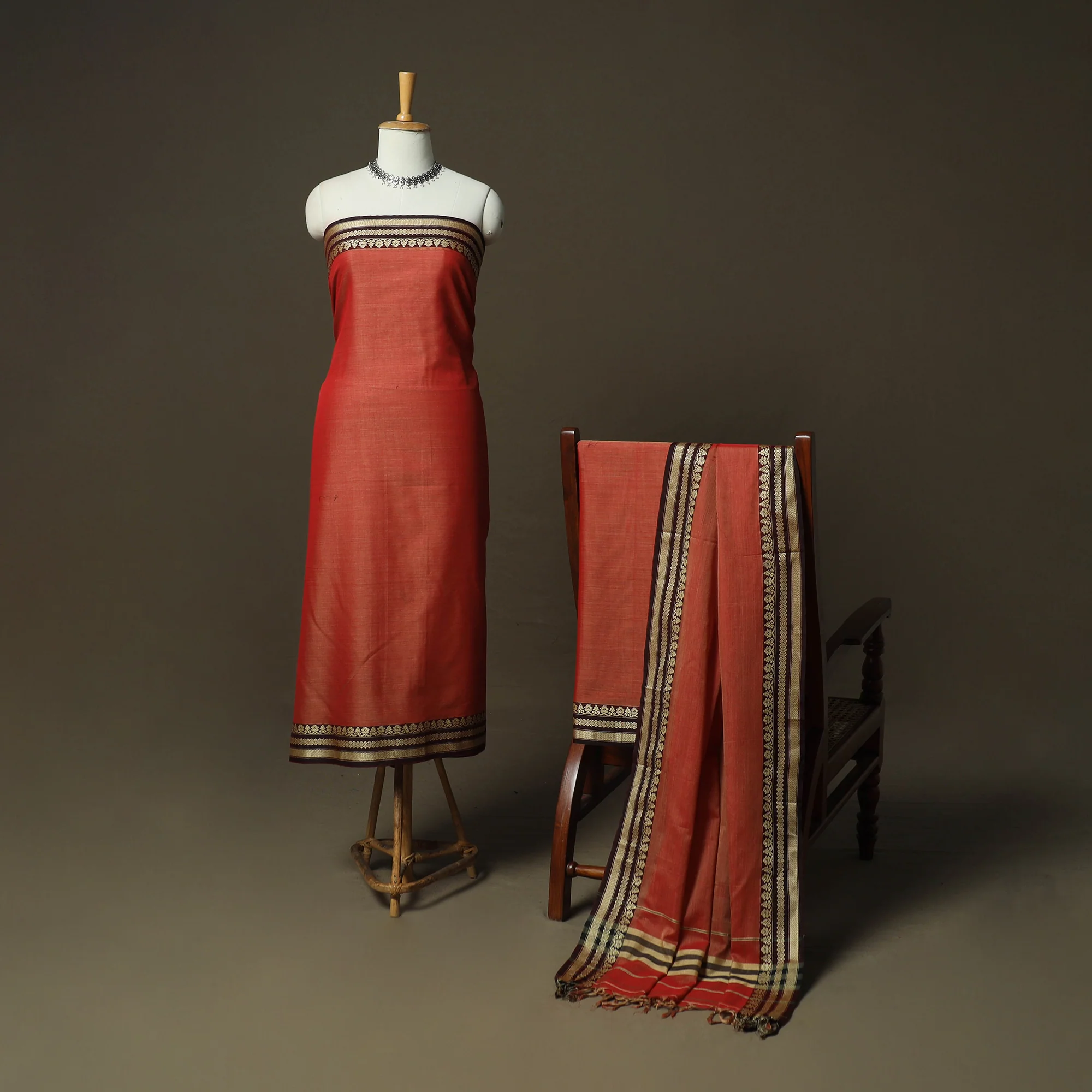 Orange - Dharwad Woven Mercerised Cotton 3pc Unstitched Dress Material Suit Set 31 - Image 2