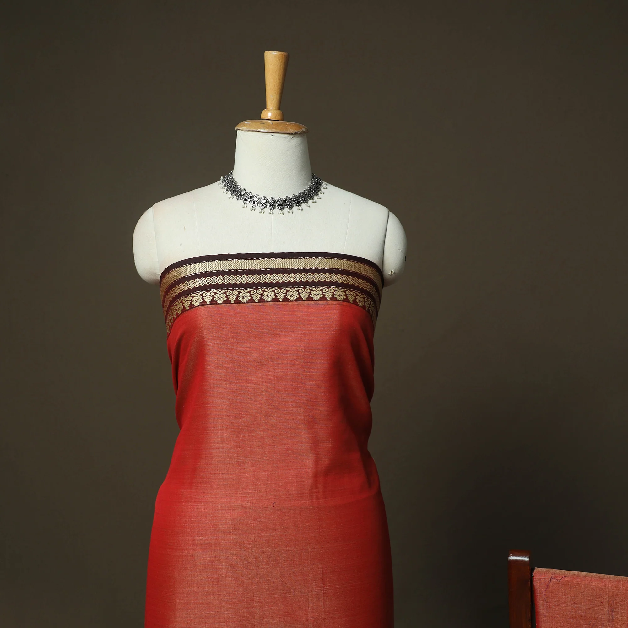 Orange - Dharwad Woven Mercerised Cotton 3pc Unstitched Dress Material Suit Set 31 - Image 3