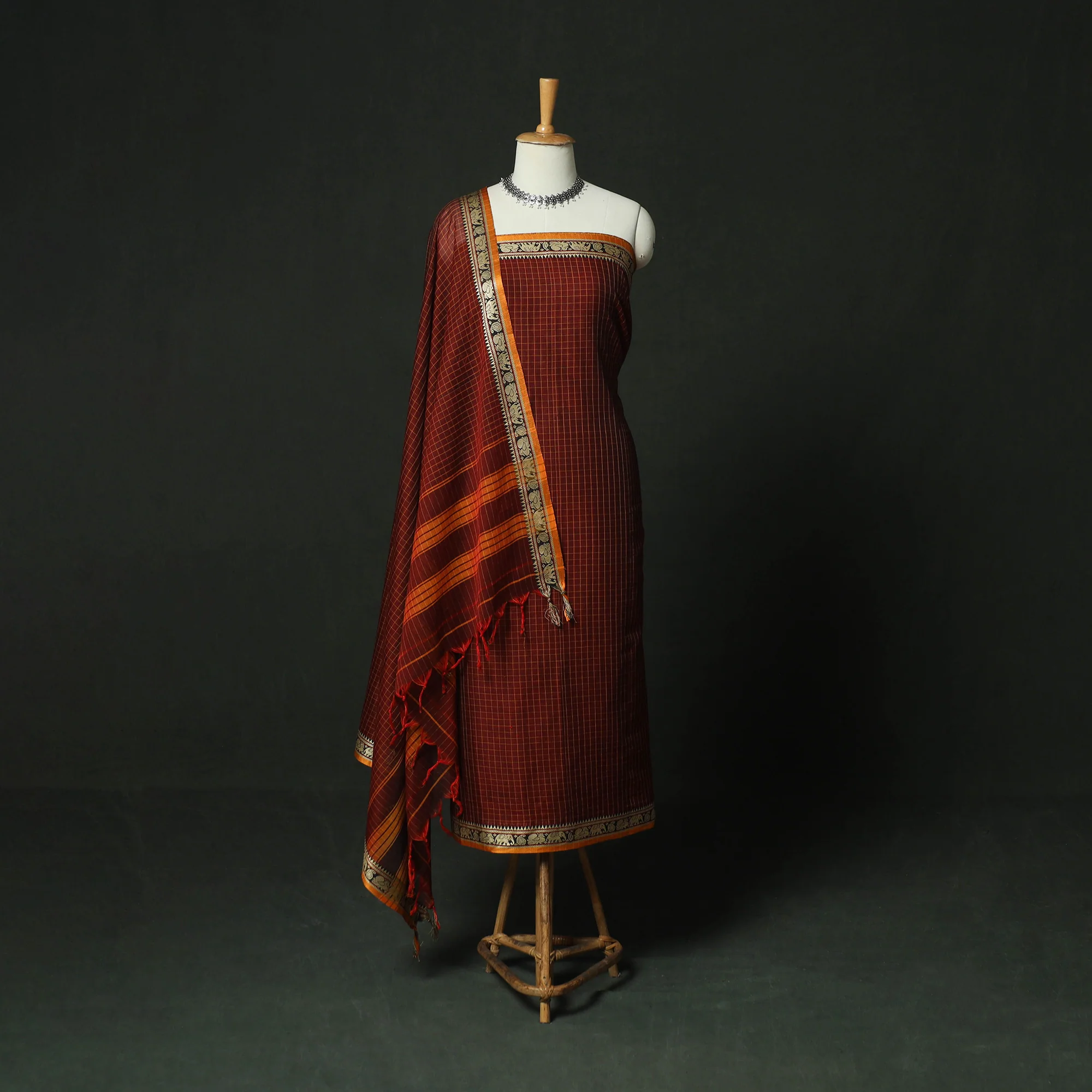 Red - Dharwad Woven Mercerised Cotton 3pc Unstitched Dress Material Suit Set 32