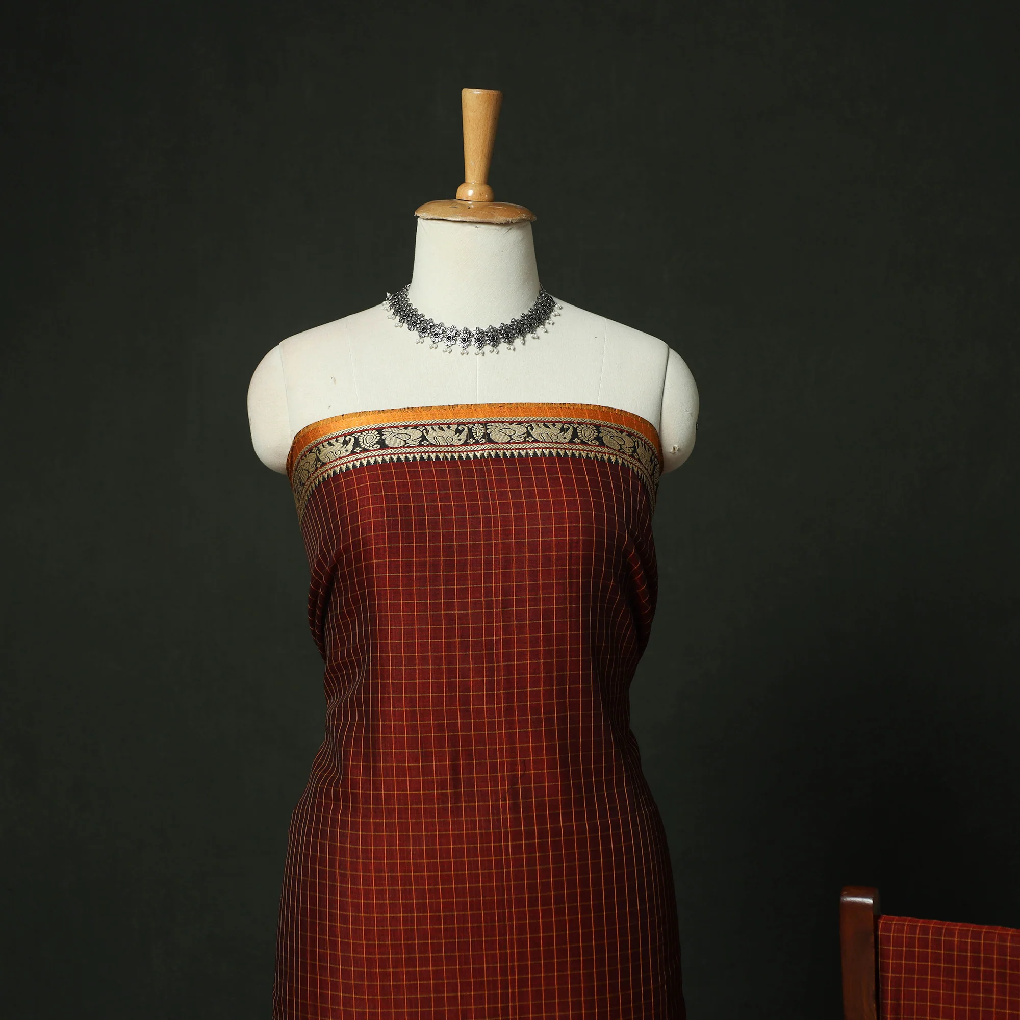 Red - Dharwad Woven Mercerised Cotton 3pc Unstitched Dress Material Suit Set 32 - Image 3