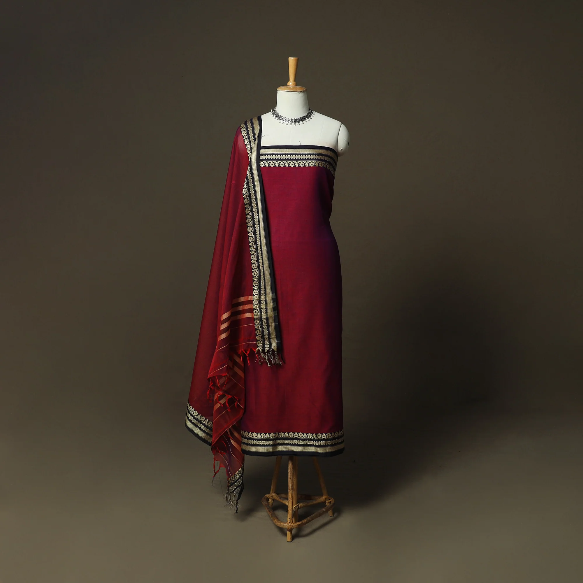 Maroon - Dharwad Woven Mercerised Cotton 3pc Unstitched Dress Material Suit Set 32